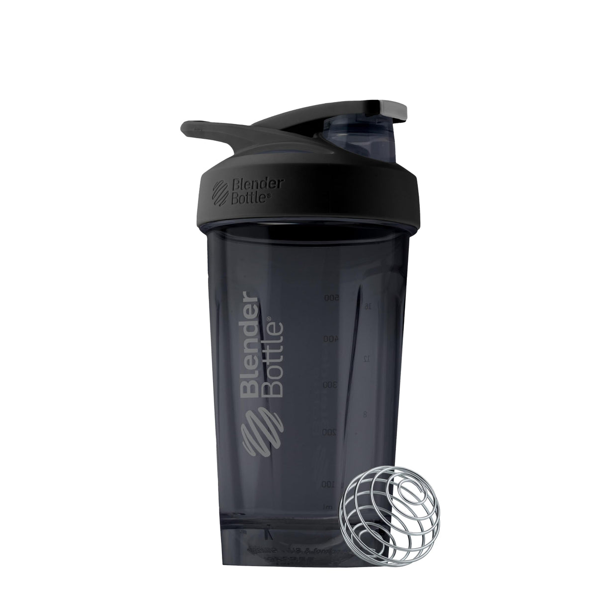 BlenderBottle vista frontal negra mostrando diseño y capacidad