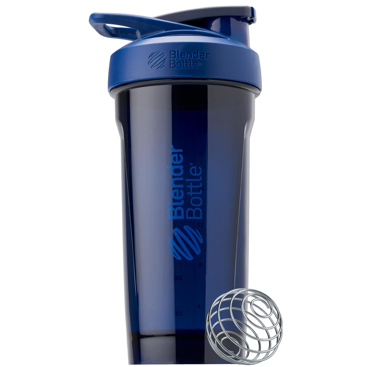 BlenderBottle frontal azul mostrando diseño y capacidad, práctico para transporte