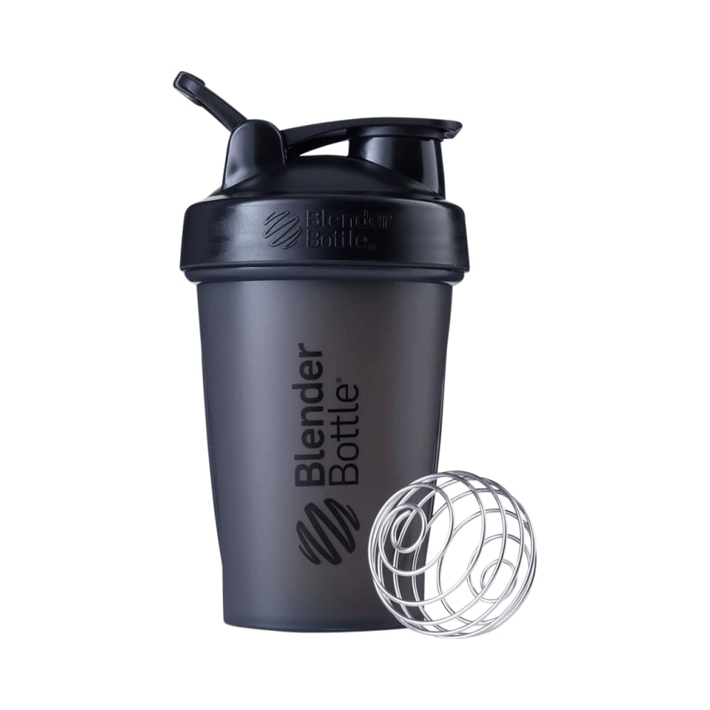 BlenderBottle frontal negro mostrando tapa segura y diseño portátil