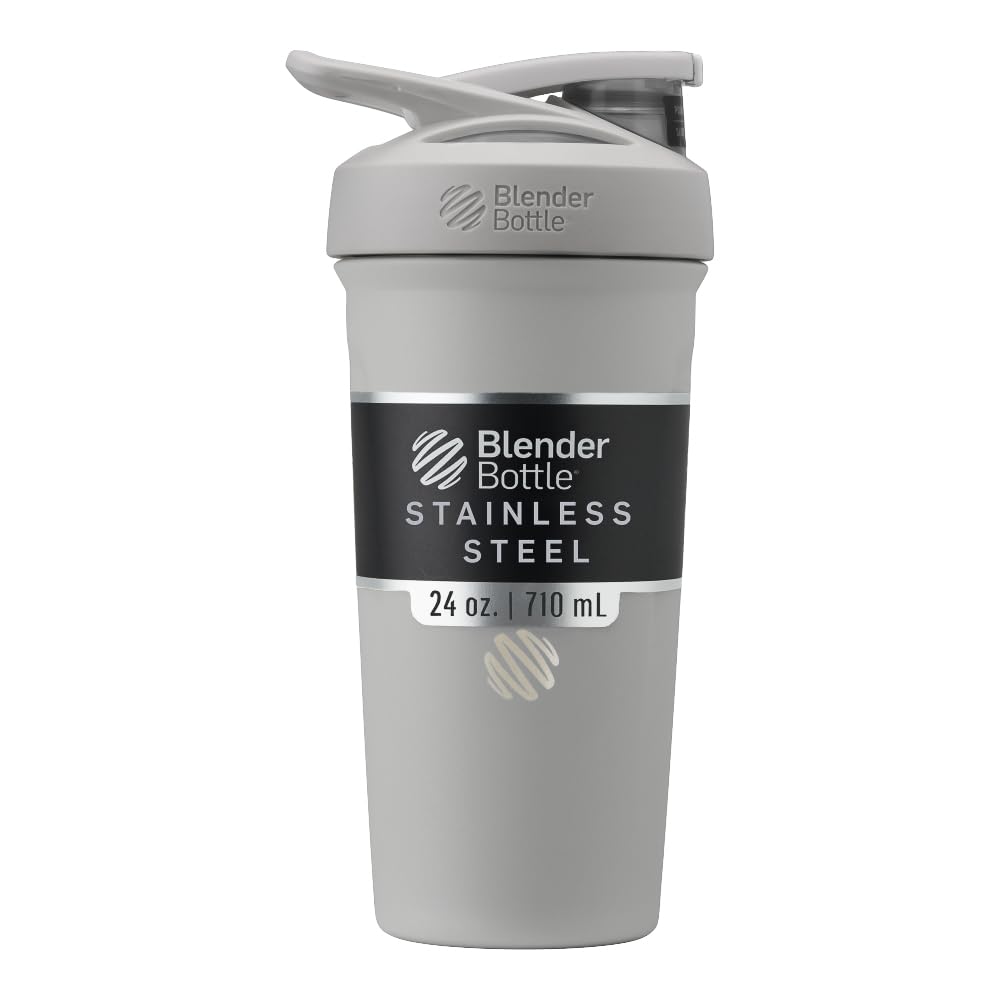 BlenderBottle vista frontal del shaker gris con tapa sellada y diseño elegante