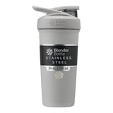 BlenderBottle vista frontal del shaker gris con tapa sellada y diseño elegante