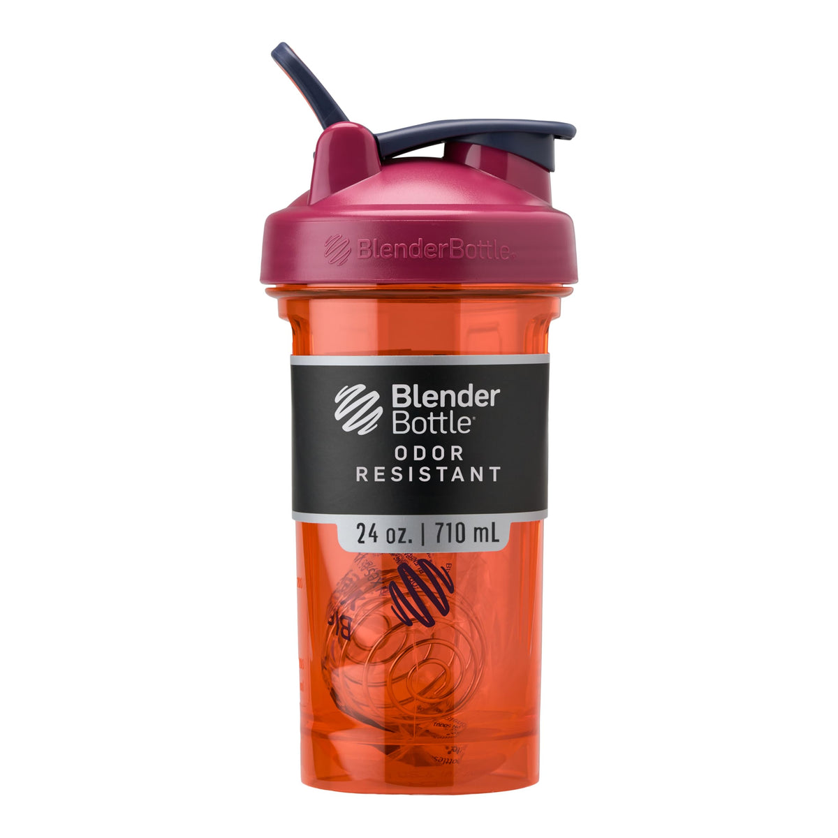 BlenderBottle vista frontal coral, vaso mezclador resistente y portátil