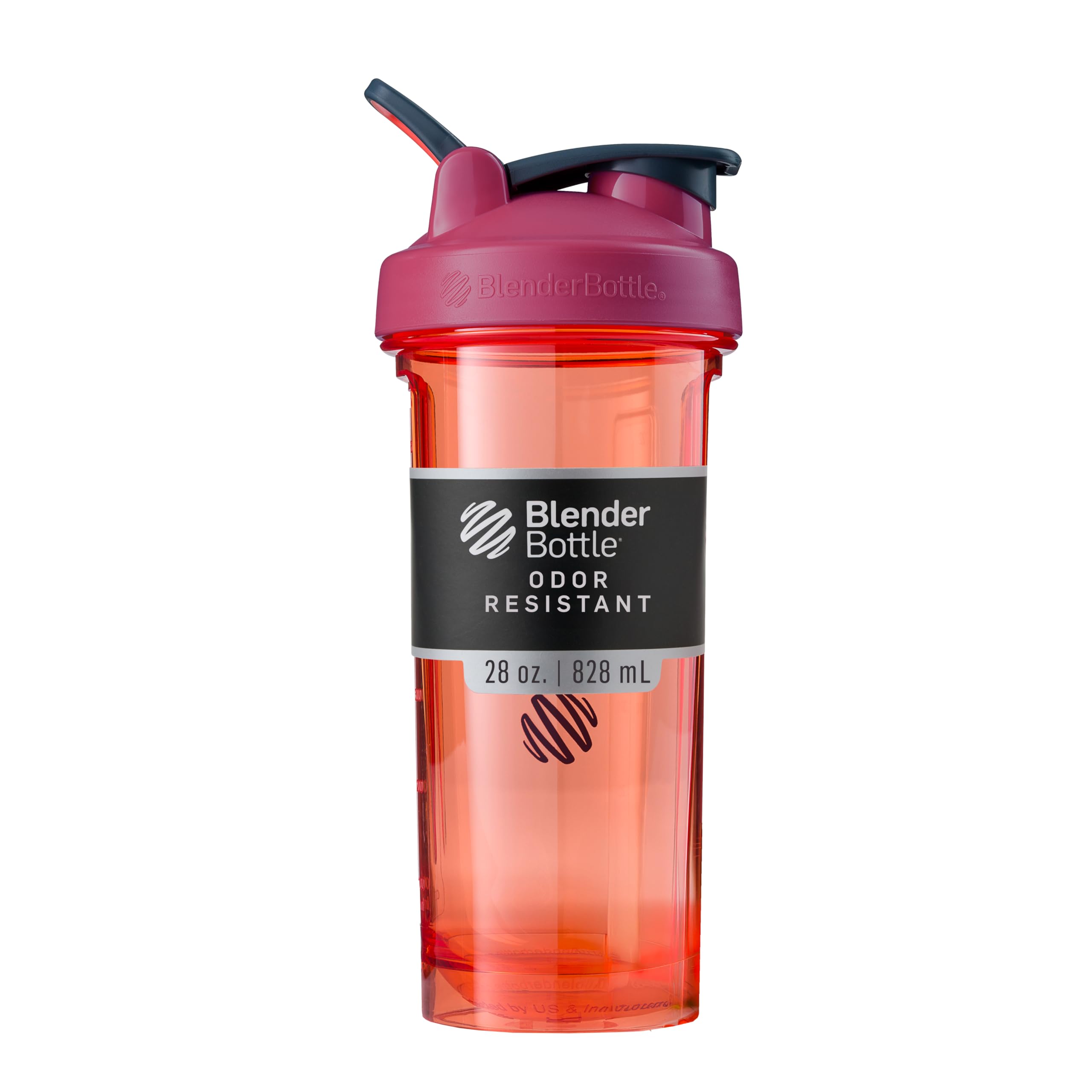 BlenderBottle Pro Series coral vista frontal y capacidad 28 oz, transporte fácil