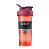 BlenderBottle Pro Series coral vista frontal y capacidad 28 oz, transporte fácil