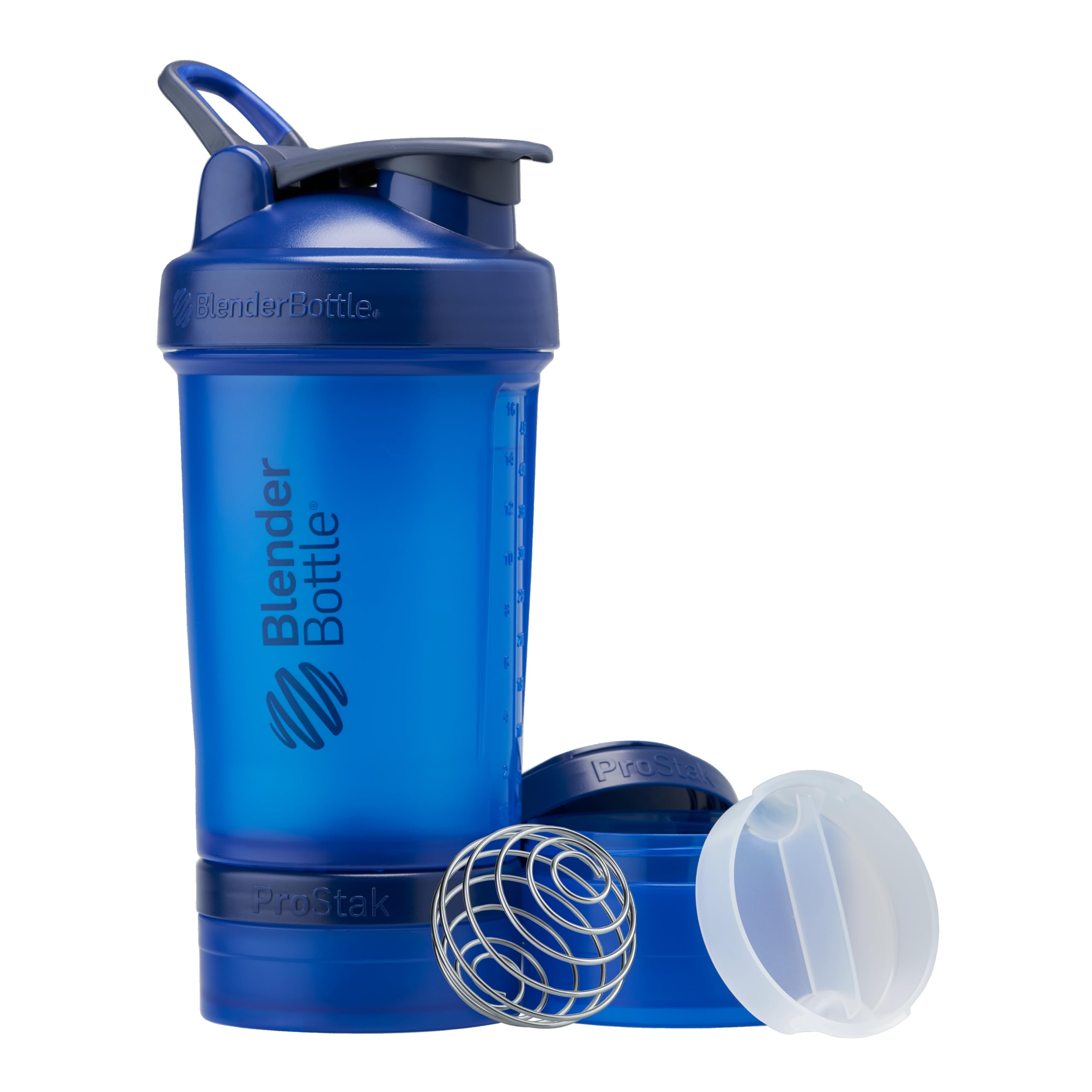 BlenderBottle ProStak frontal azul mostrando botella y frascos, organización portátil