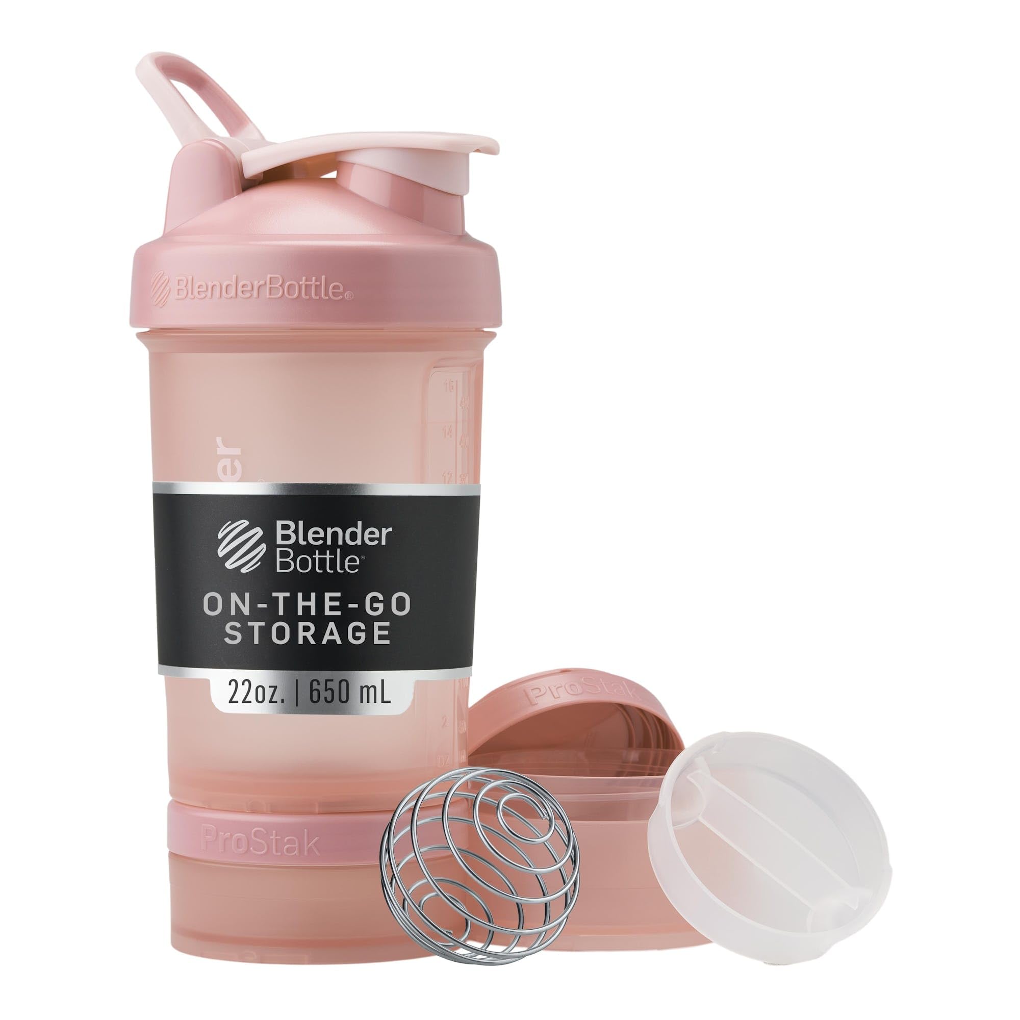 BlenderBottle ProStak vista frontal color Rose Pink, transporte cómodo