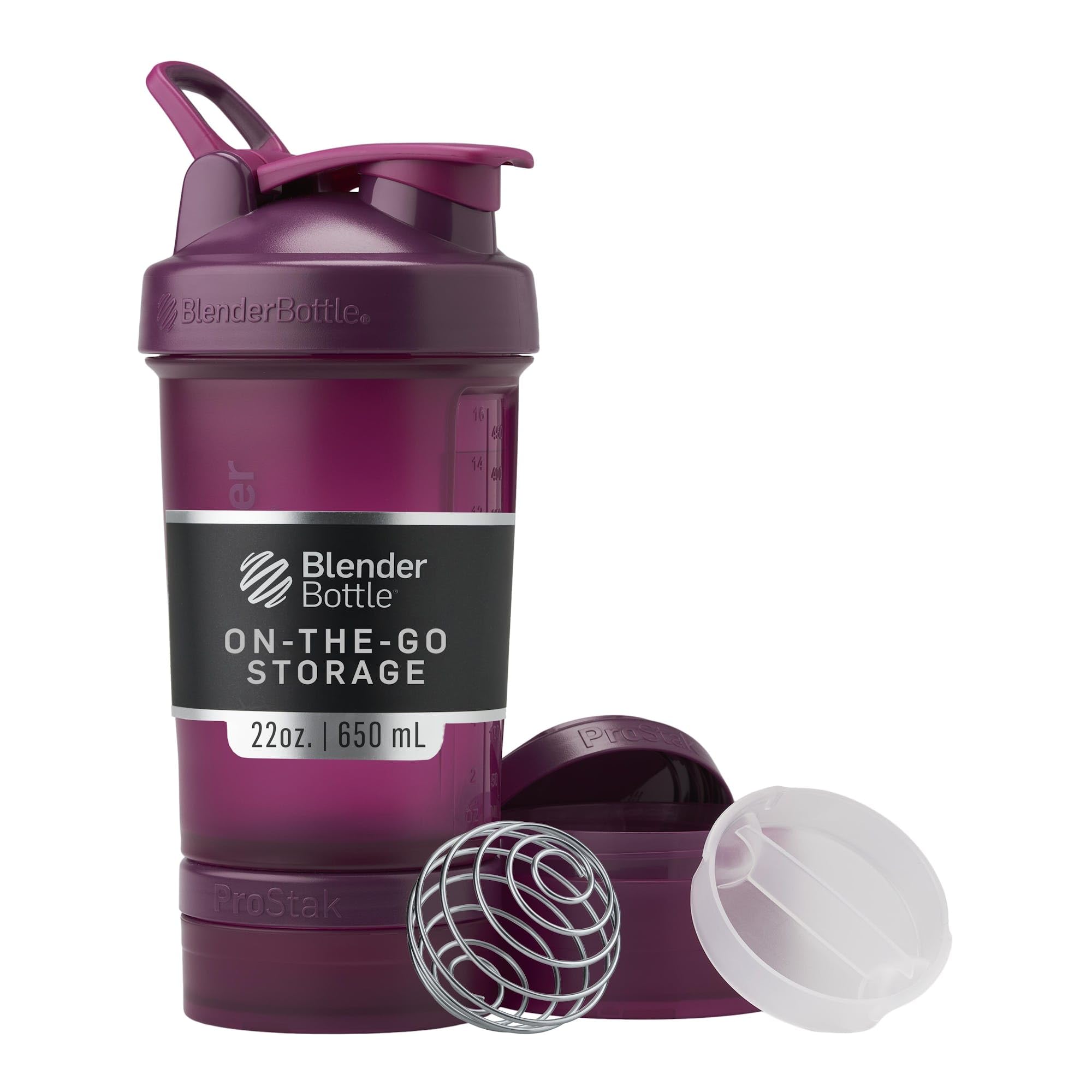 BlenderBottle ProStak frente mostrando diseño y color plum para organización portátil