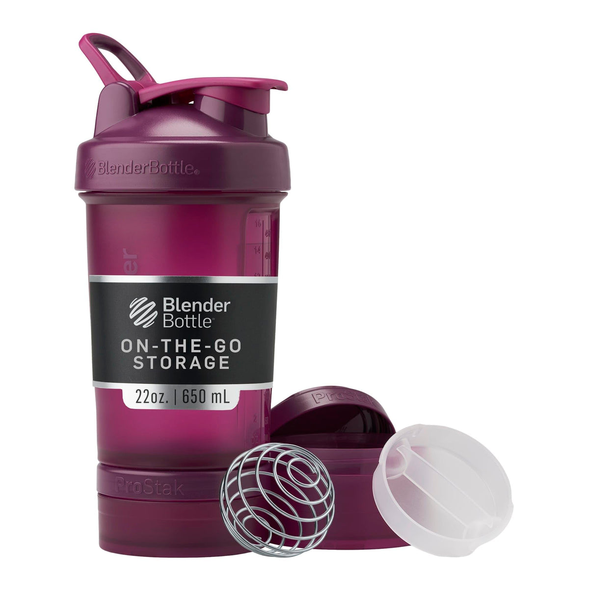 BlenderBottle ProStak frente mostrando diseño y color plum para organización portátil
