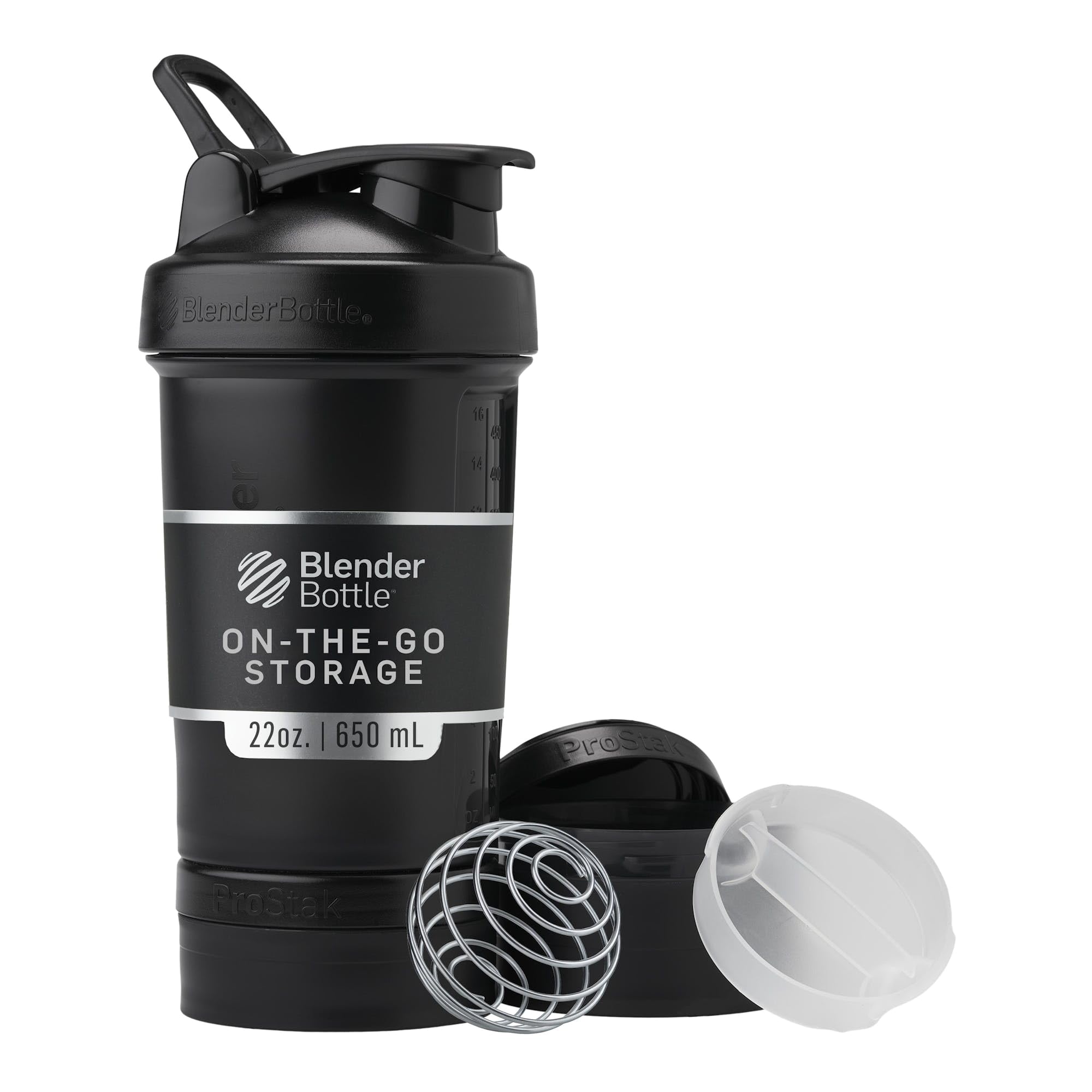 BlenderBottle ProStak frente mostrando bote negro y frascos, solución portátil