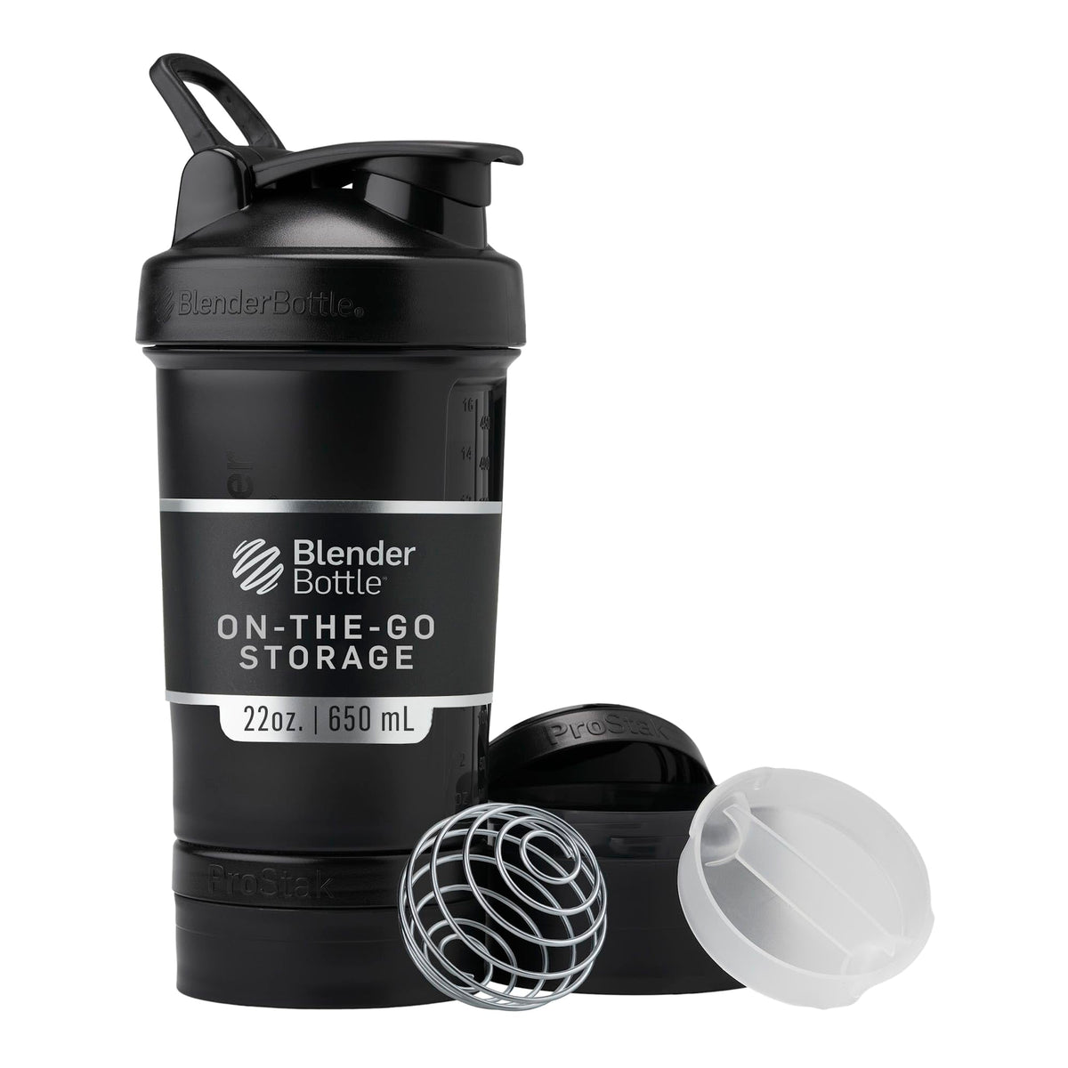 BlenderBottle ProStak frente mostrando bote negro y frascos, solución portátil