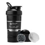 BlenderBottle ProStak frente mostrando bote negro y frascos, solución portátil