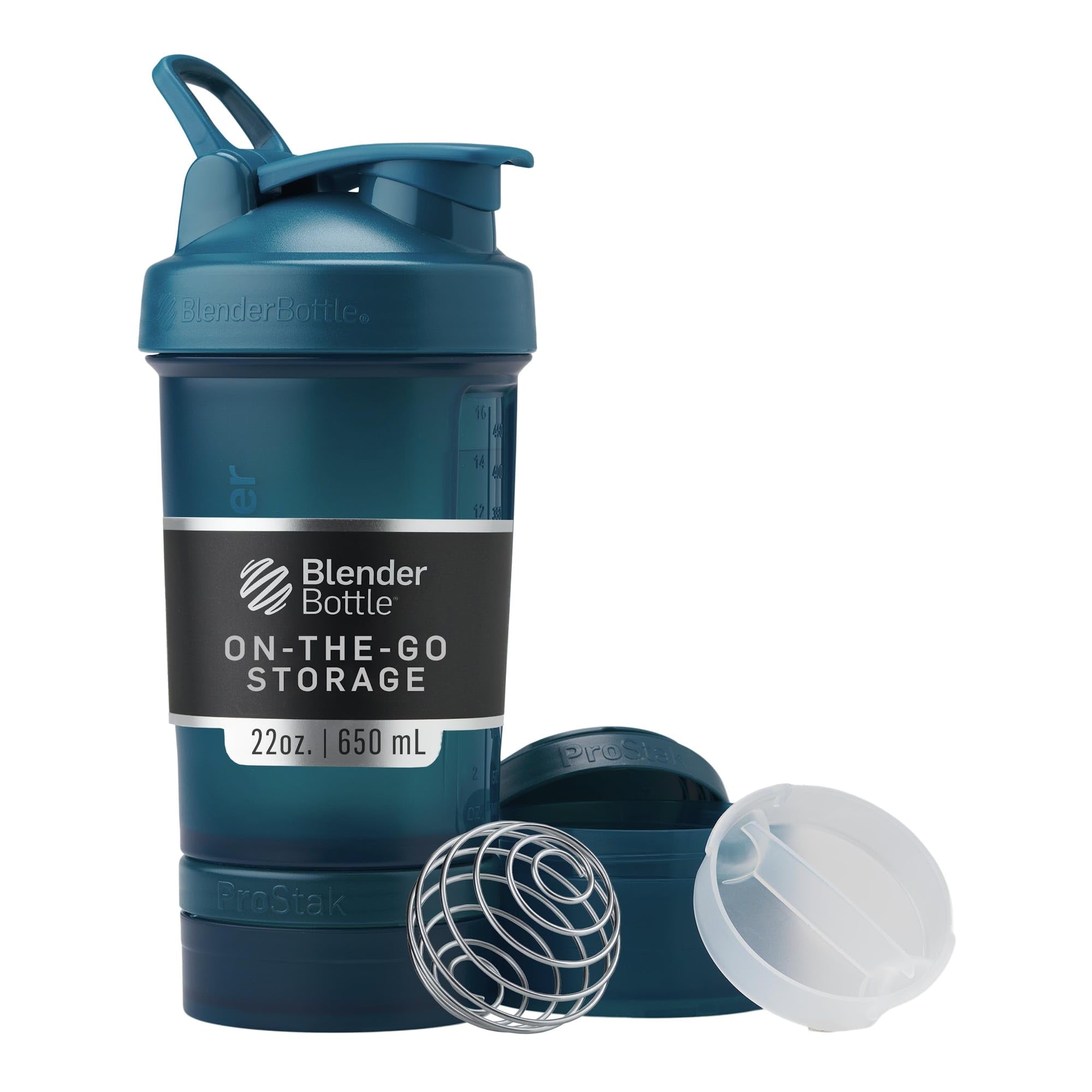 BlenderBottle vista frontal del ProStak Ocean Blue con beneficio de todo en uno
