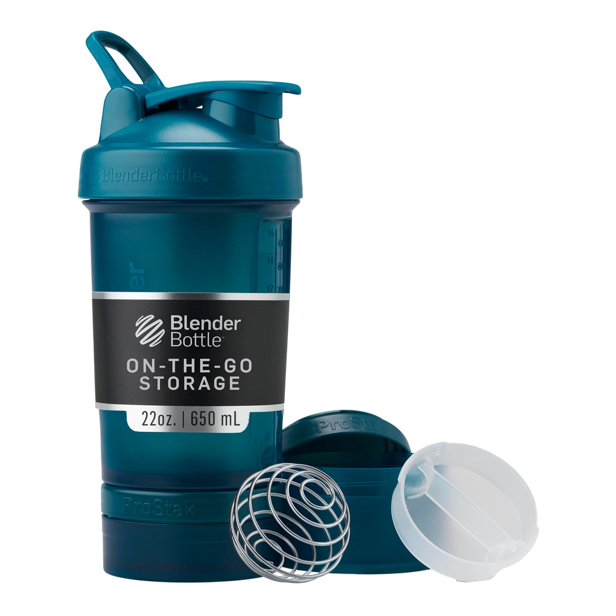 BlenderBottle vista frontal del ProStak Ocean Blue con beneficio de todo en uno