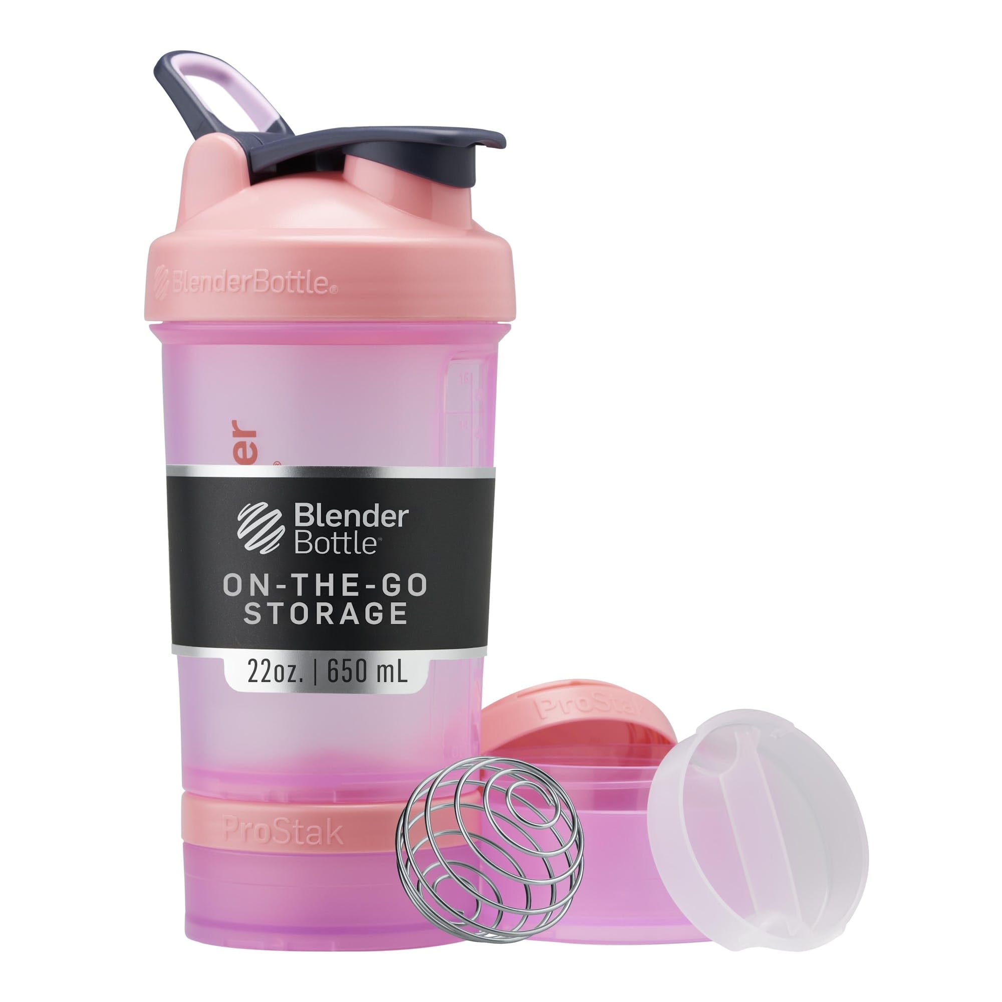 BlenderBottle ProStak frontal en rosa mostrando tapa y frascos, ideal para llevar