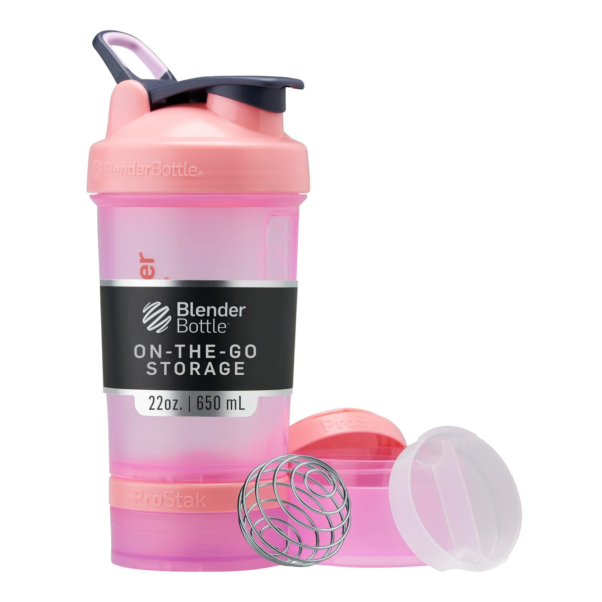 BlenderBottle ProStak frontal en rosa mostrando tapa y frascos, ideal para llevar