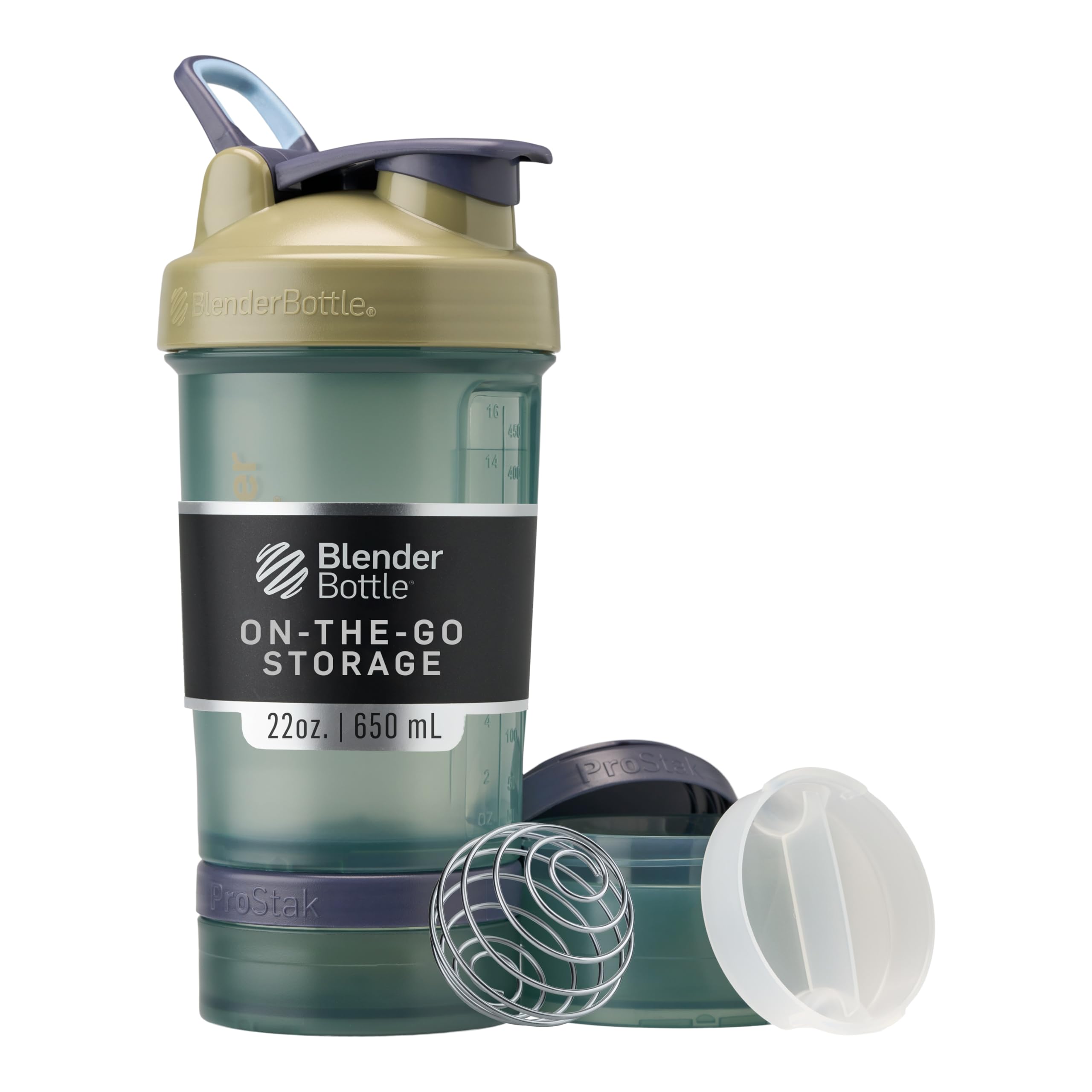 BlenderBottle ProStak frontal color tan mostrando diseño y capacidad