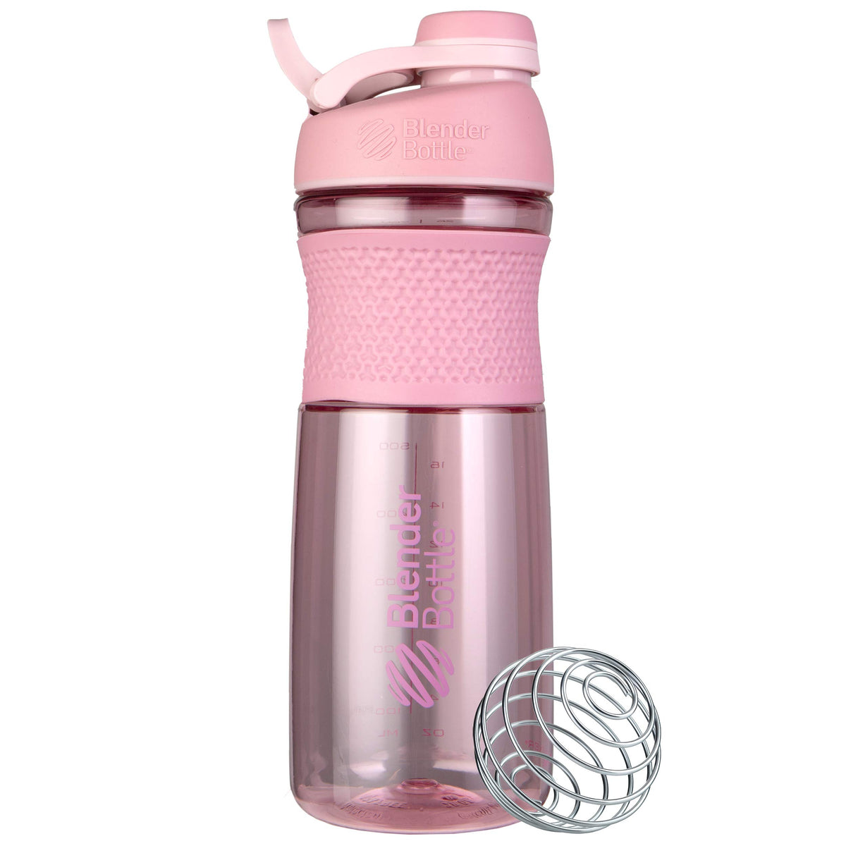 BlenderBottle SportMixer frontal rosa mostrando diseño y capacidad