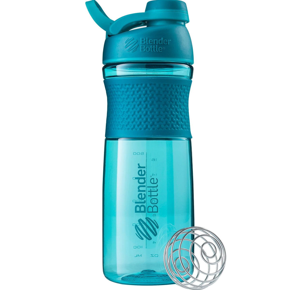 BlenderBottle SportMixer frontal color teal mostrando diseño y capacidad