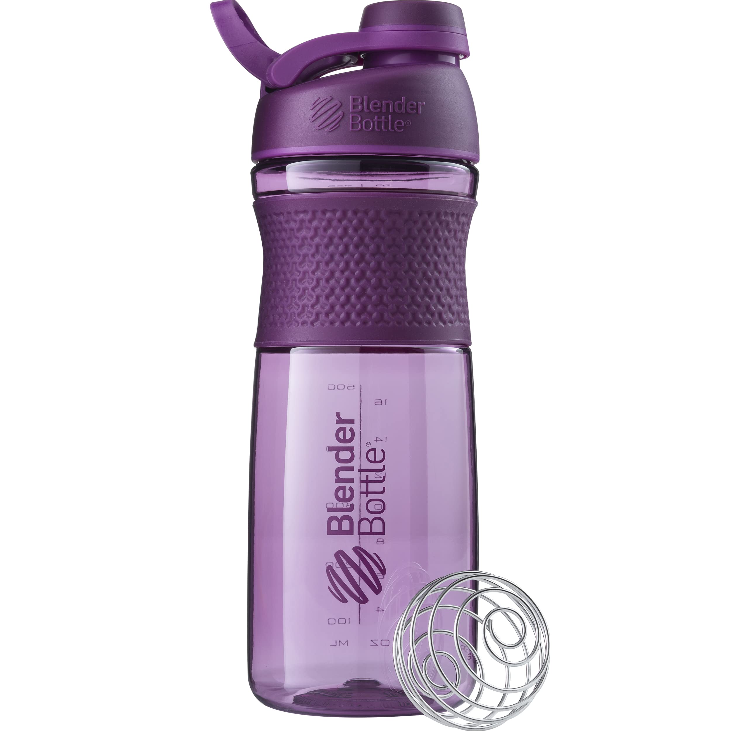 BlenderBottle vista frontal mostrando diseño plum y capacidad, ideal para gimnasio