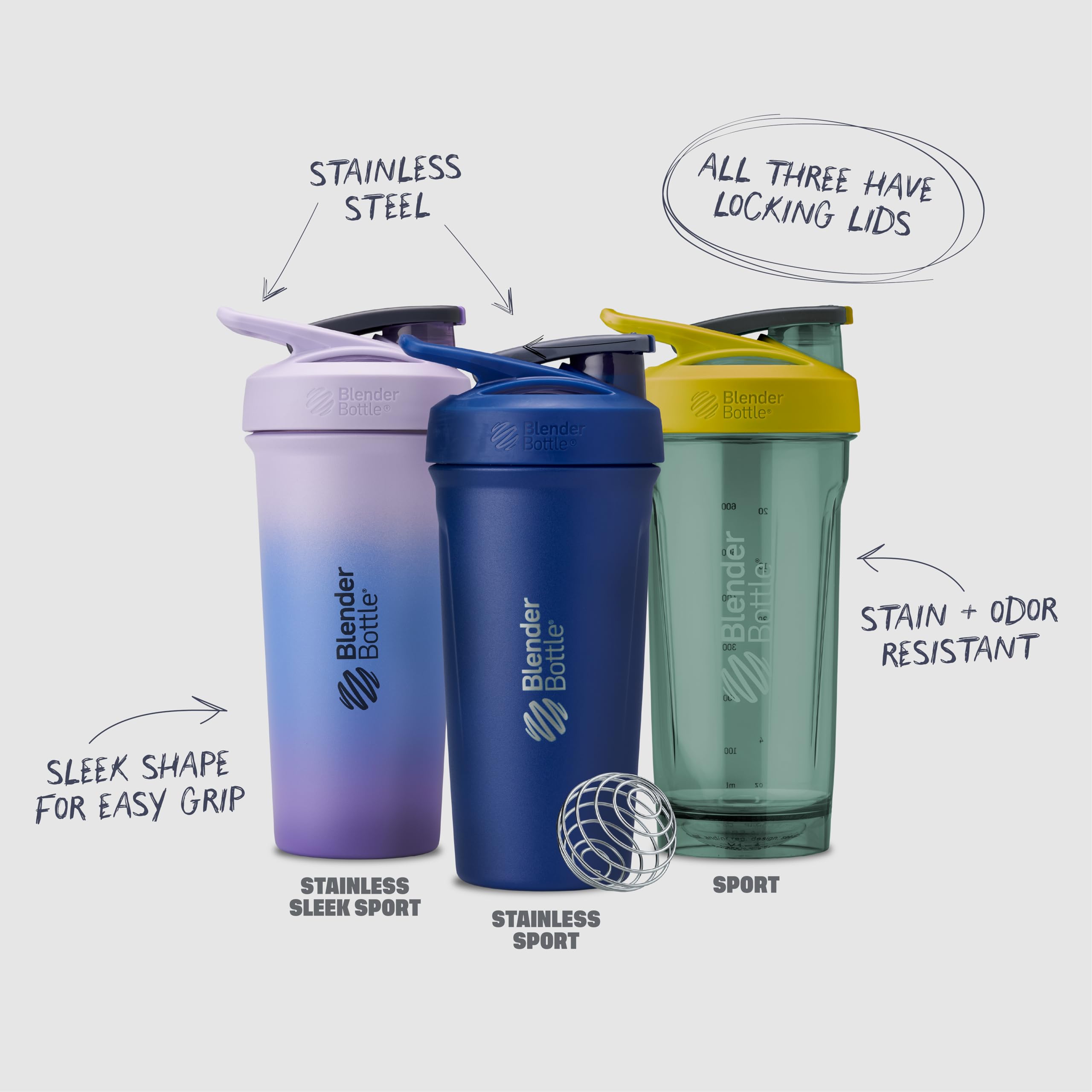 BlenderBottle Strada comparación de tamaño junto a una mano para referencia