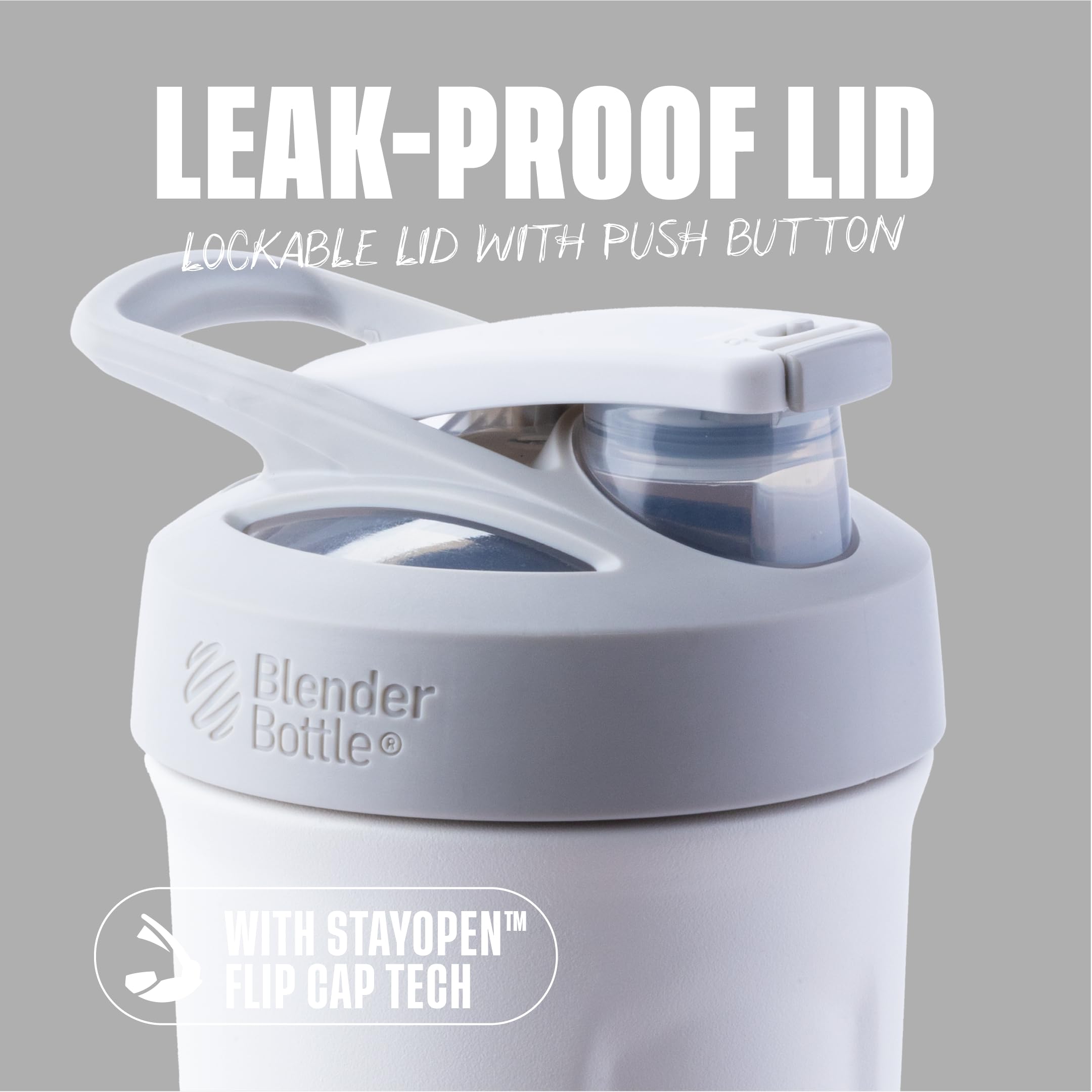 BlenderBottle Strada detalle de la tapa con botón y seguro para evitar derrames