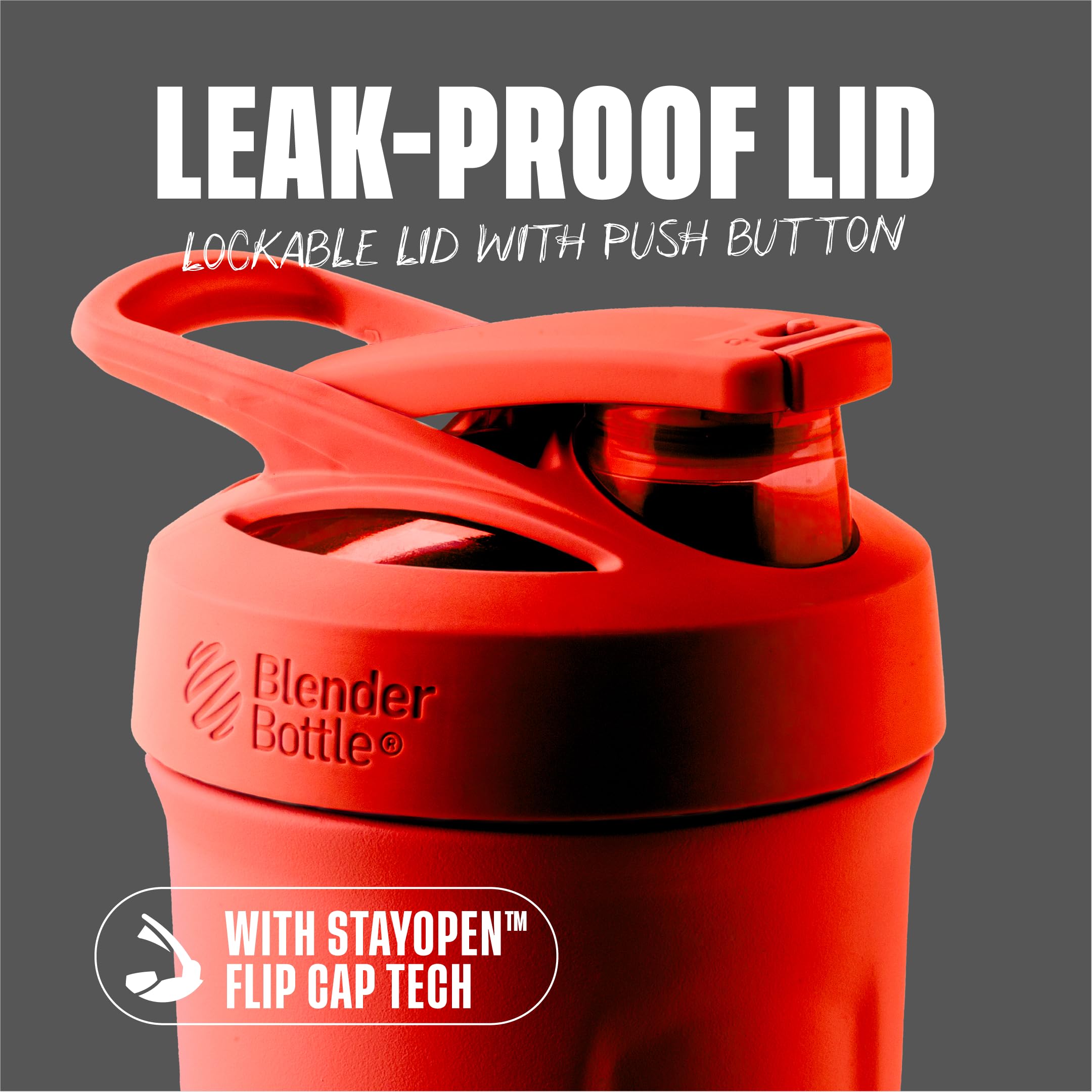 BlenderBottle Strada detalle de la tapa con botón y cierre antidersames beneficioso
