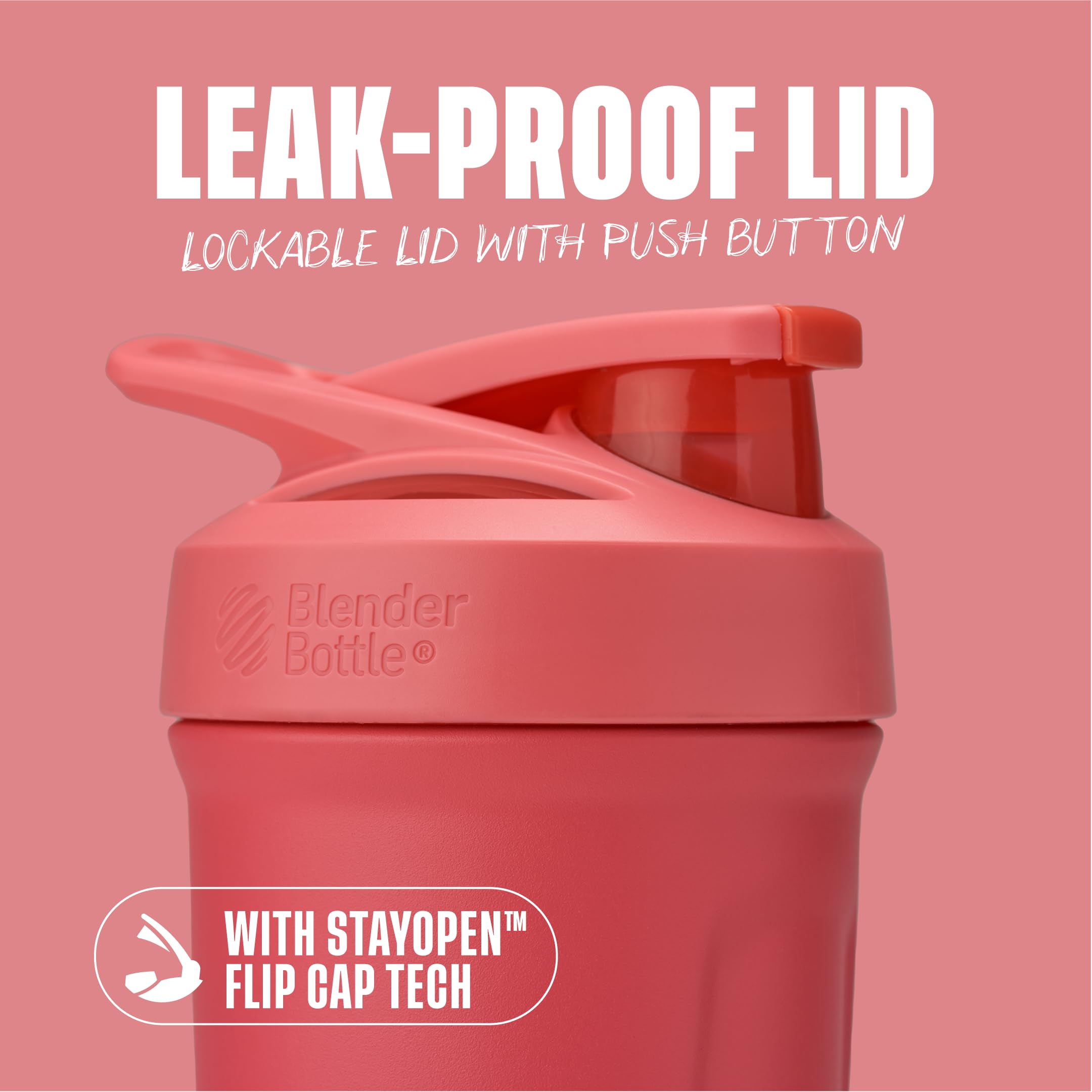 BlenderBottle Strada detalle de la tapa con botón y cierre seguro
