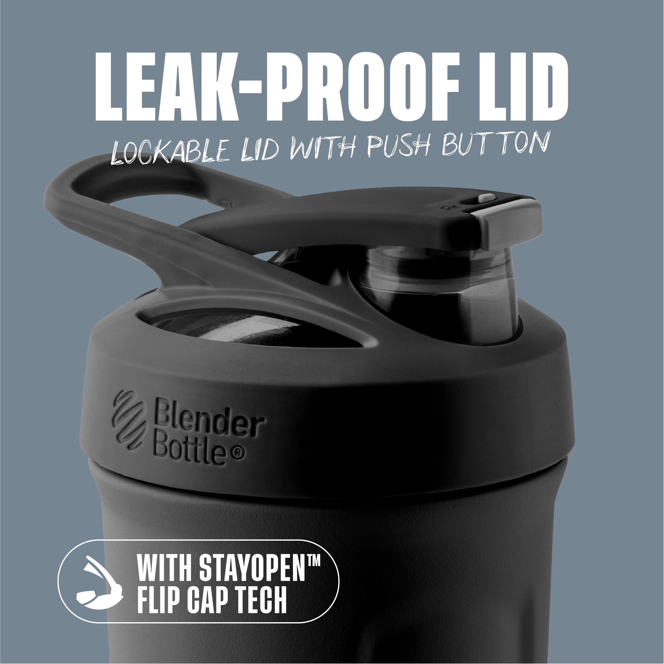 BlenderBottle Strada detalle de la tapa con botón y cierre seguro