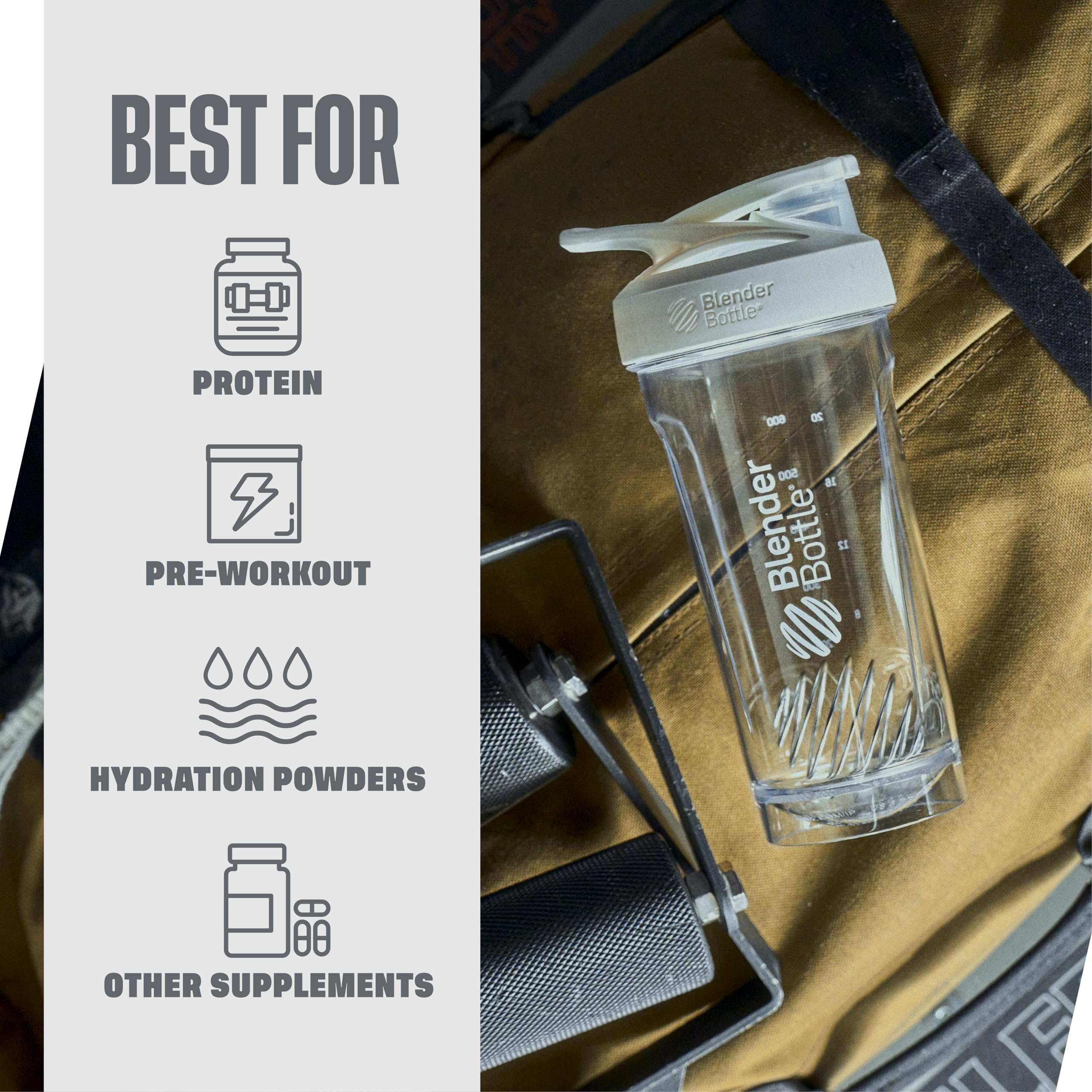 BlenderBottle Strada en uso en gimnasio, práctico para entrenos