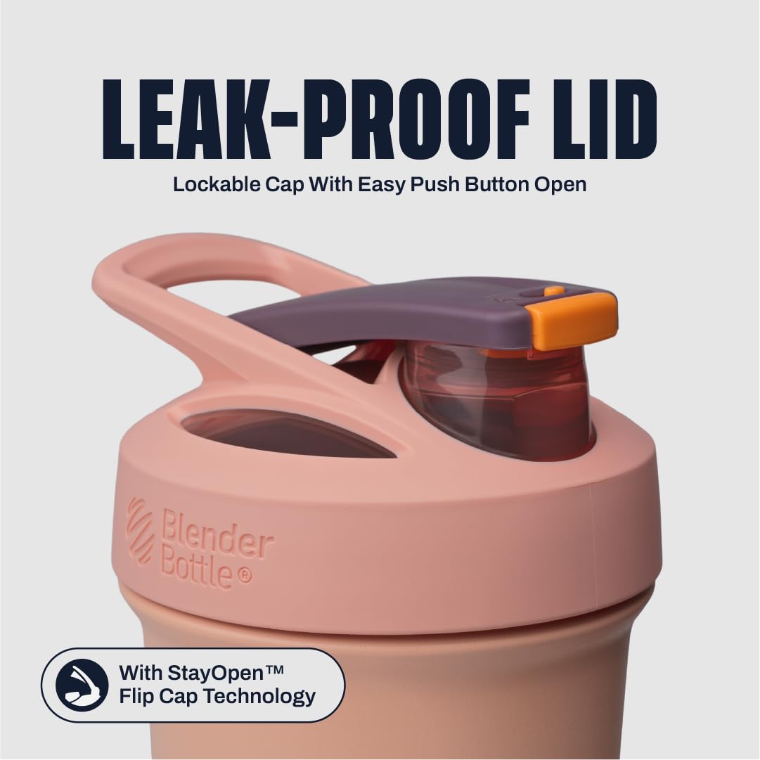 BlenderBottle Strada Sleek detalle de la tapa con cierre seguro y prevención de derrames