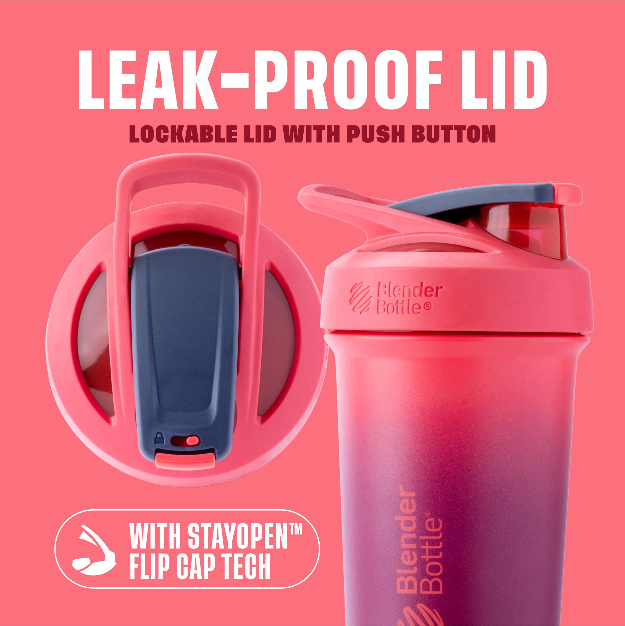 BlenderBottle Strada Sleek detalle de la tapa con cierre bloqueable para evitar derrames