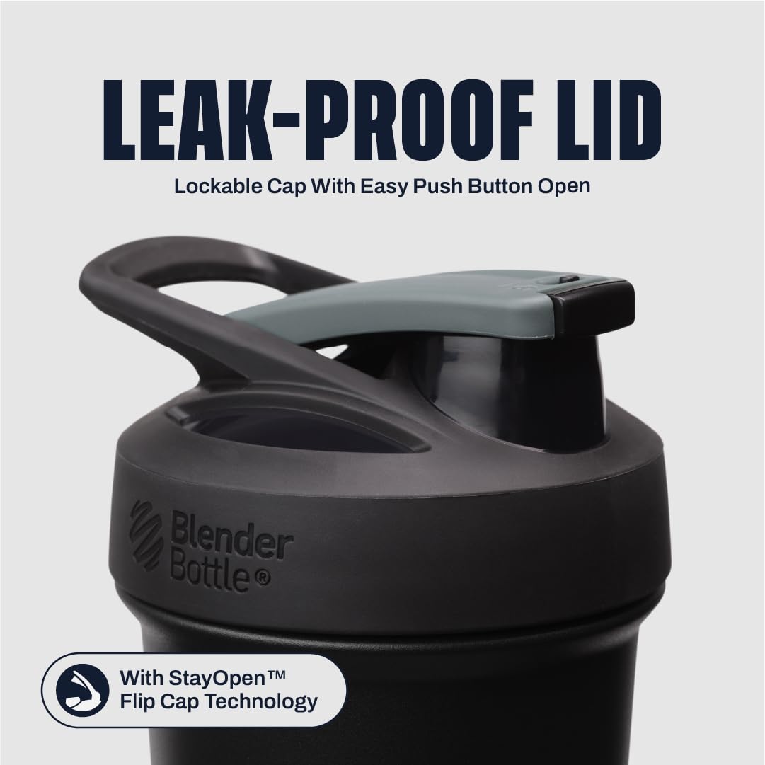 BlenderBottle Strada Sleek detalle de acero inoxidable que muestra acabado resistente