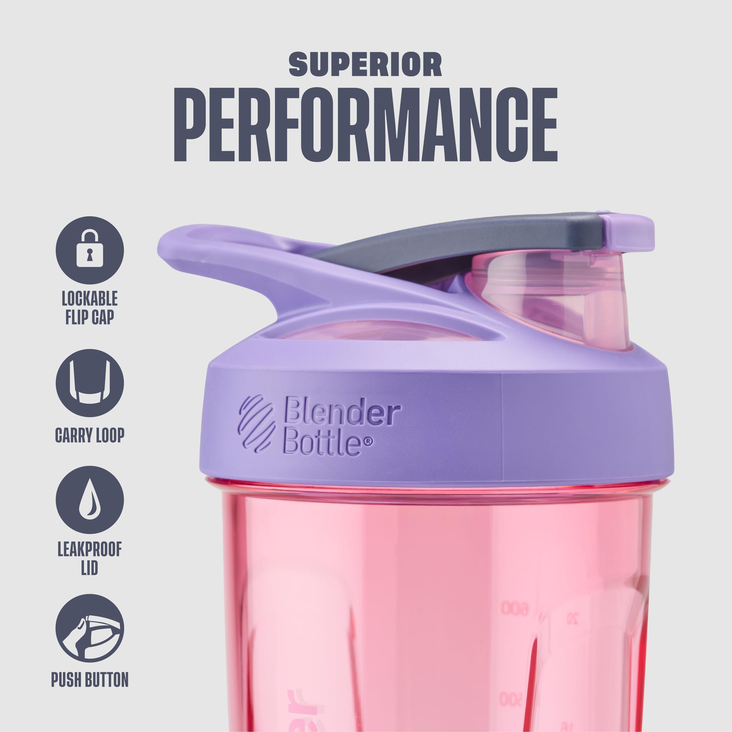 BlenderBottle Strada primer plano de tapa con botón y seguro, evita aperturas accidentales