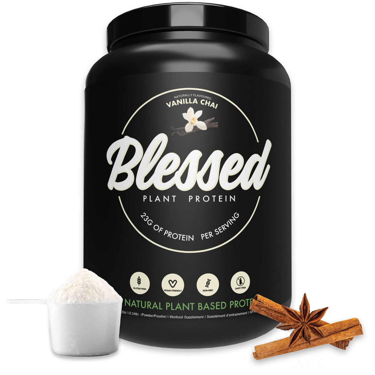BLESSED empaque frontal Vainilla Chai mostrando proteínas vegetales y beneficio práctico