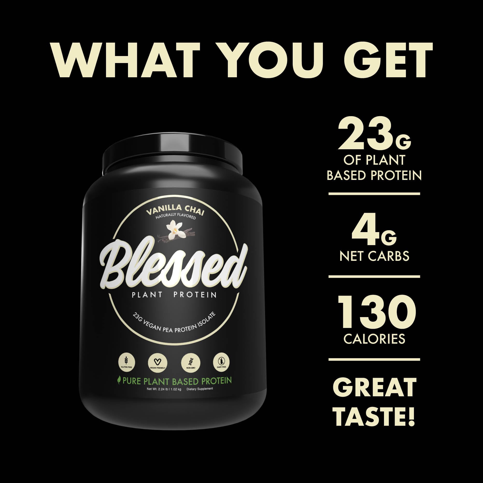 BLESSED detalle de etiqueta nutricional que muestra proteínas y ausencia de alérgenos