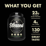 BLESSED detalle de etiqueta nutricional que muestra proteínas y ausencia de alérgenos