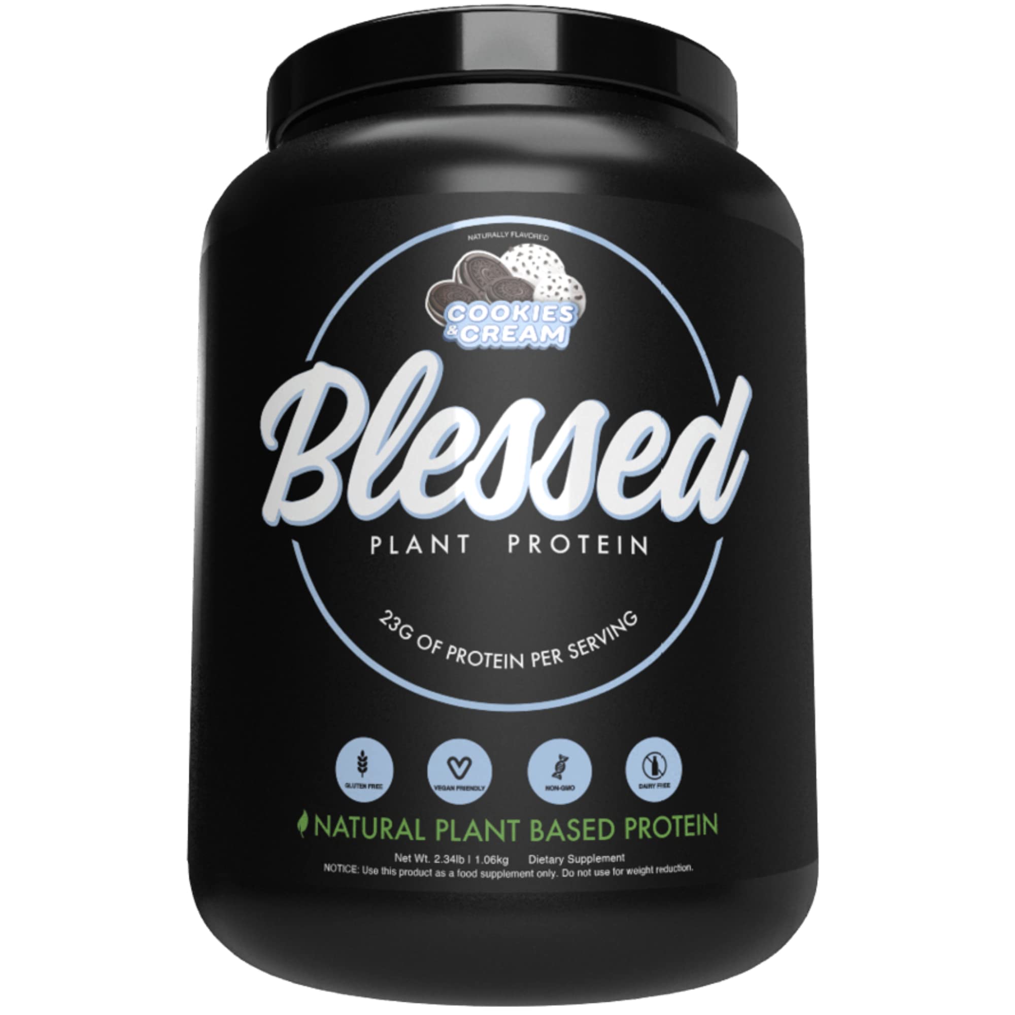 BLESSED empaque frontal Cookies & Cream mostrando beneficios veganos