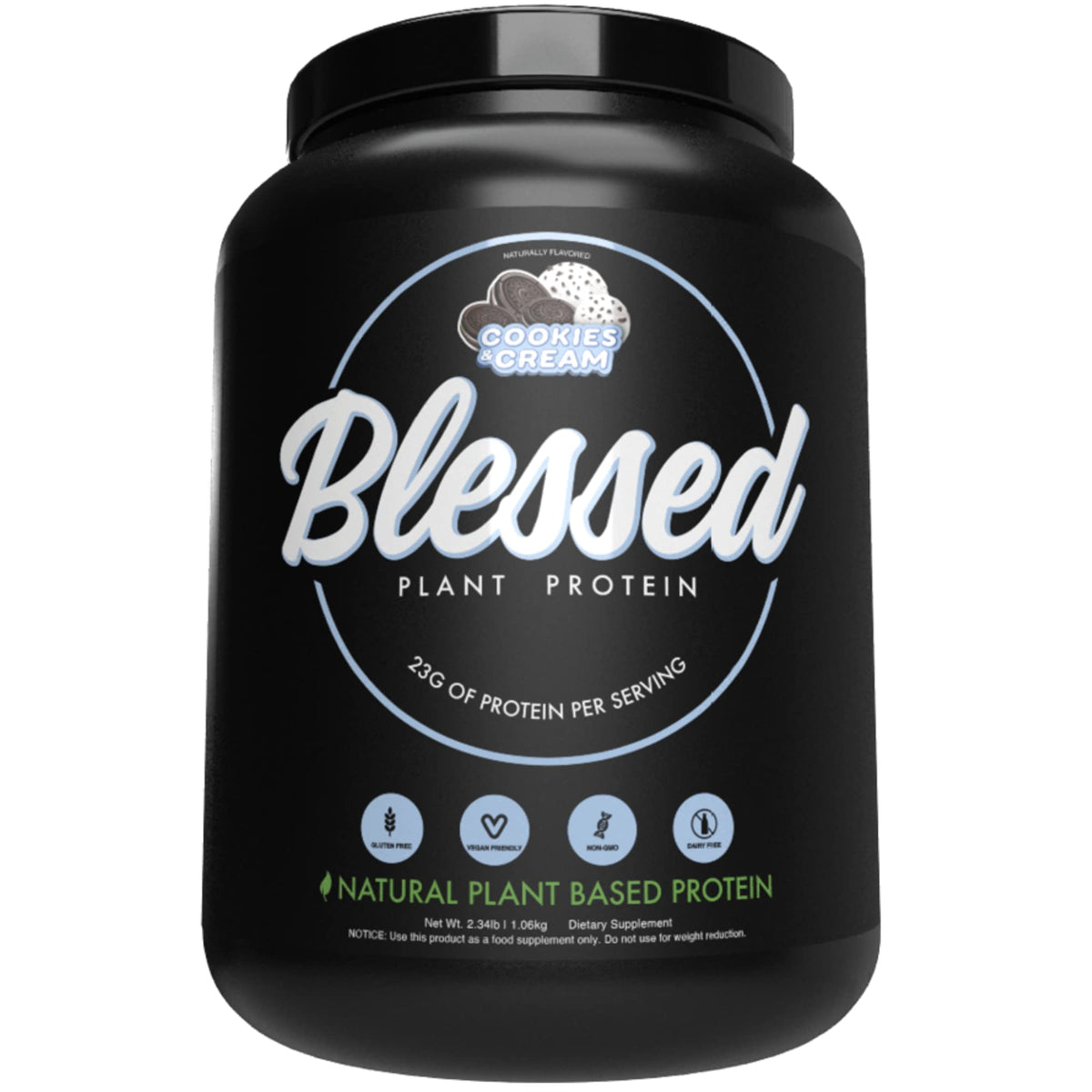 BLESSED empaque frontal Cookies & Cream mostrando beneficios veganos