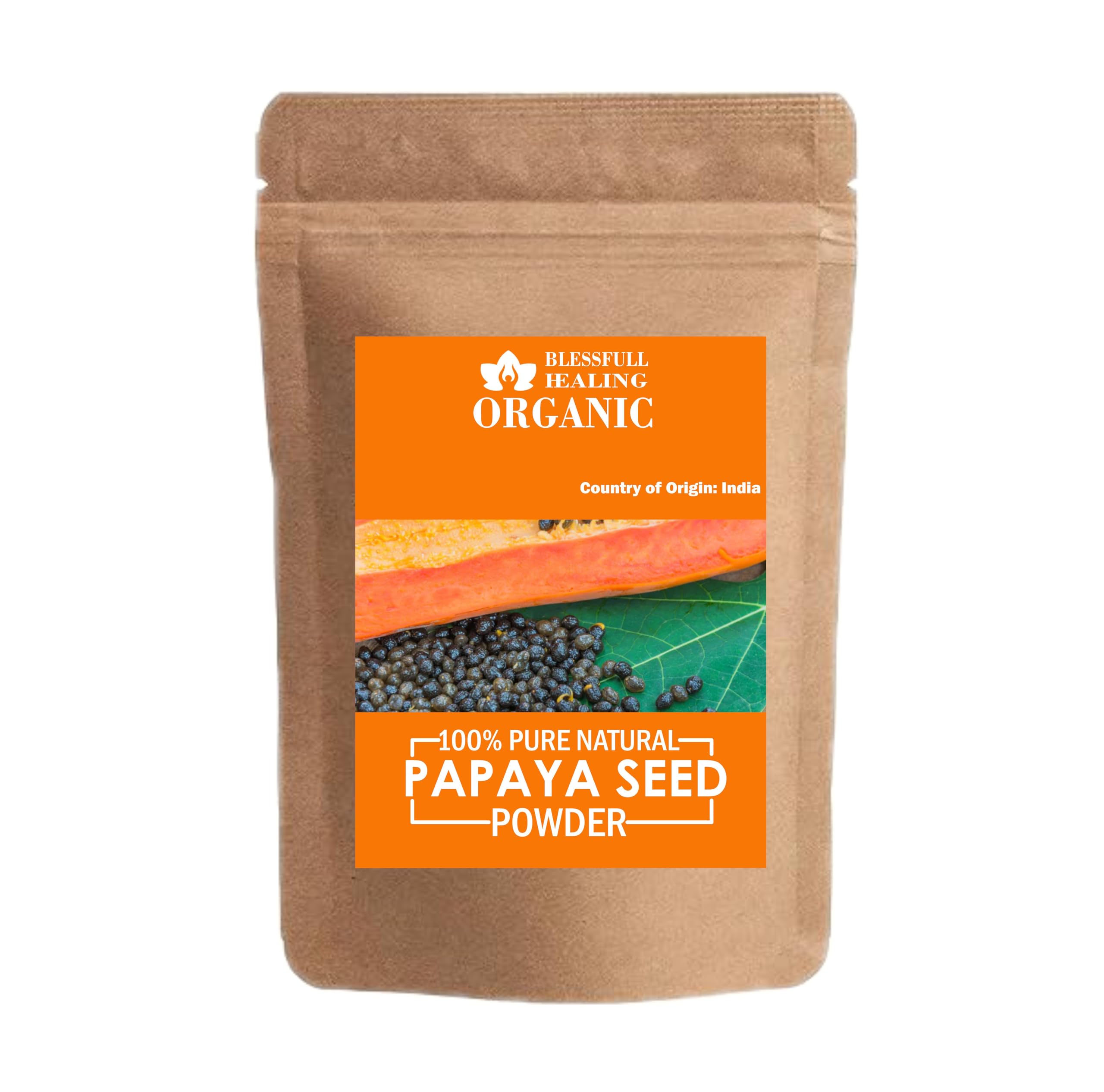 Blessfull Healing frasco frontal del polvo de semillas de papaya mostrando presentación y pureza