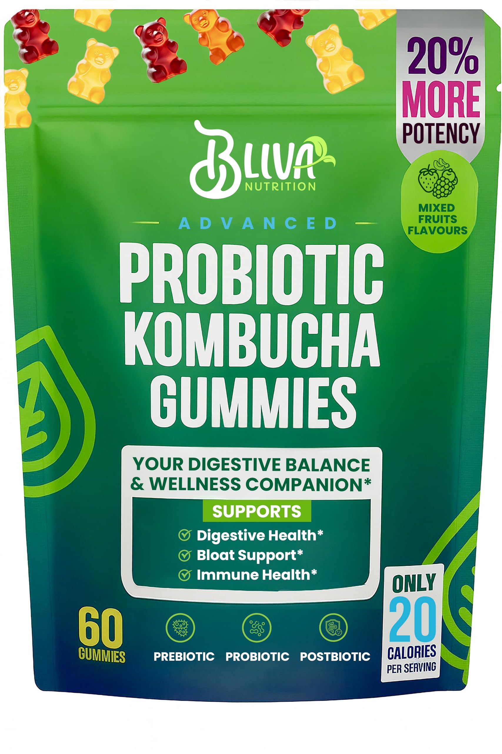 BLIVA gomitas frente del empaque muestra tamaño y aporte saludable