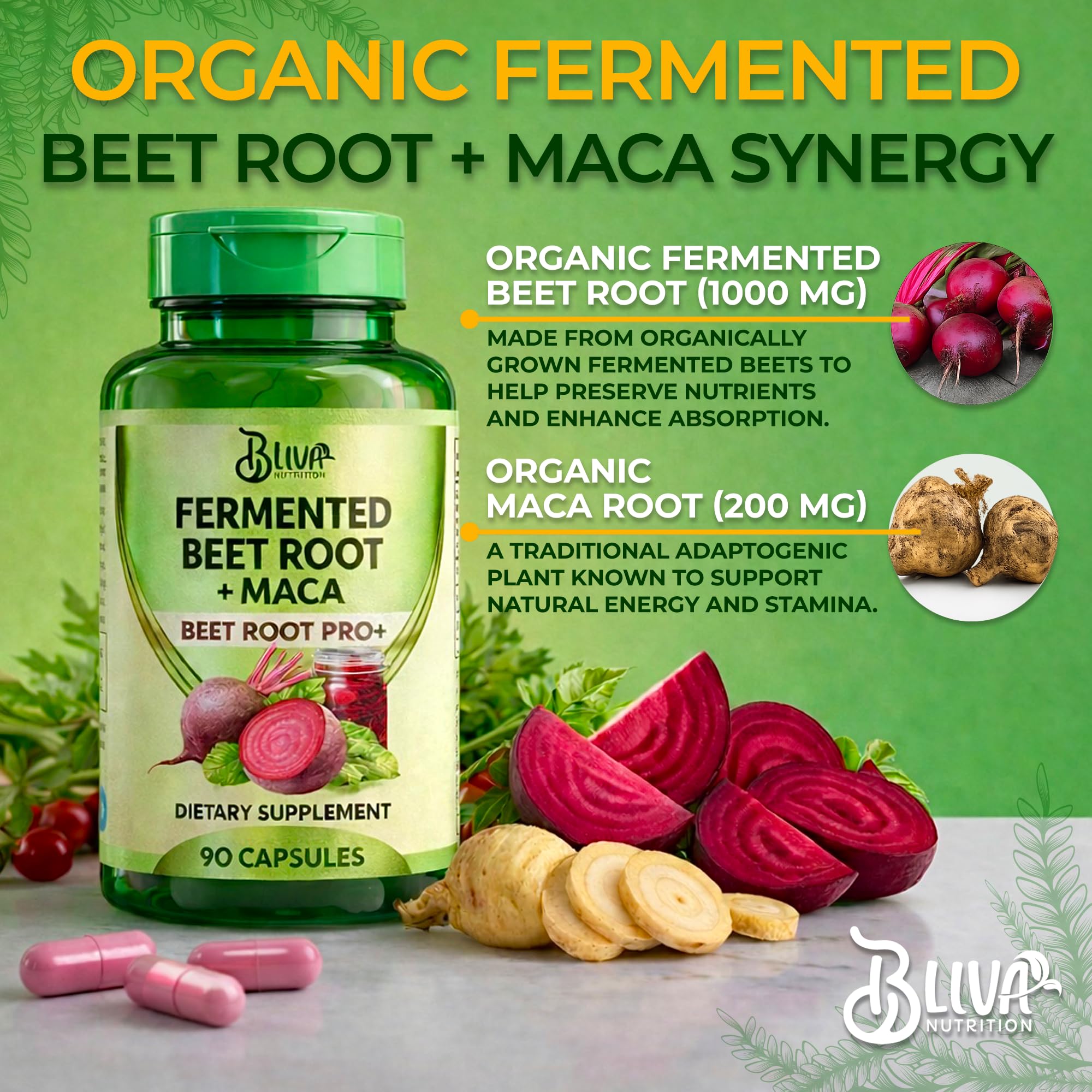 BLIVA NUTRITION frasco junto a frutas y vaso mostrando uso diario