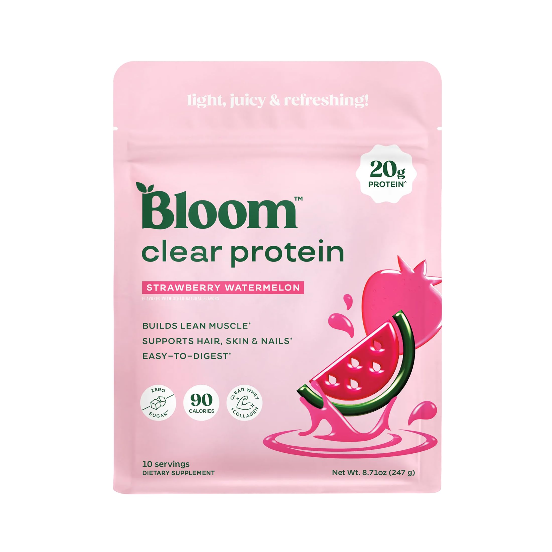 Bloom Nutrition frente del envase mostrando sabor fresa sandía y beneficios