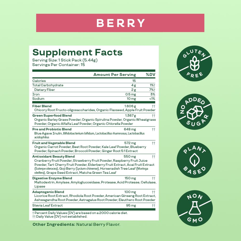 Bloom Nutrition vaso con batido berry preparado, bebida refrescante y nutritiva