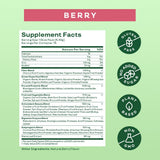Bloom Nutrition vaso con batido berry preparado, bebida refrescante y nutritiva