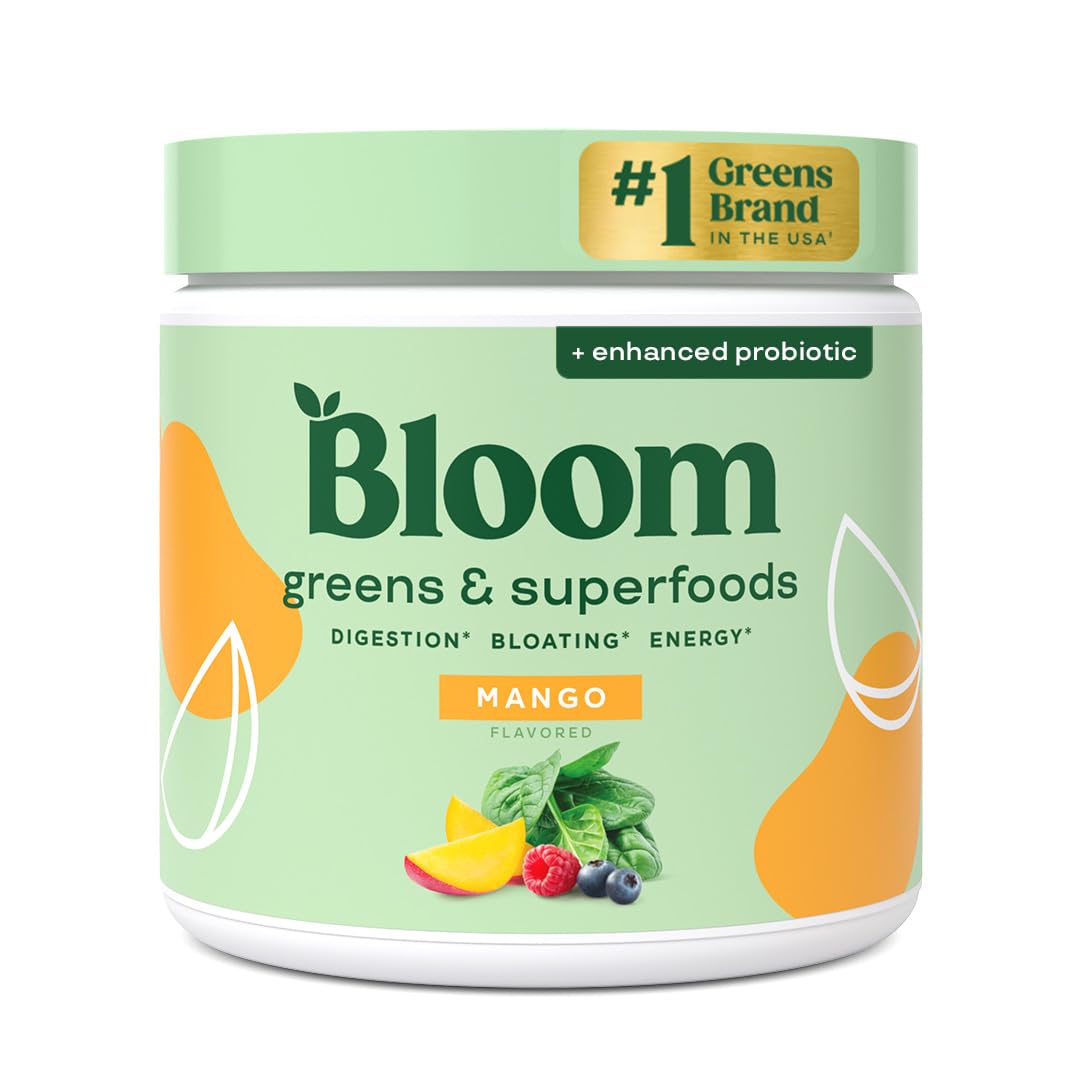 Bloom Nutrition envase frontal sabor mango mostrando diseño y porciones
