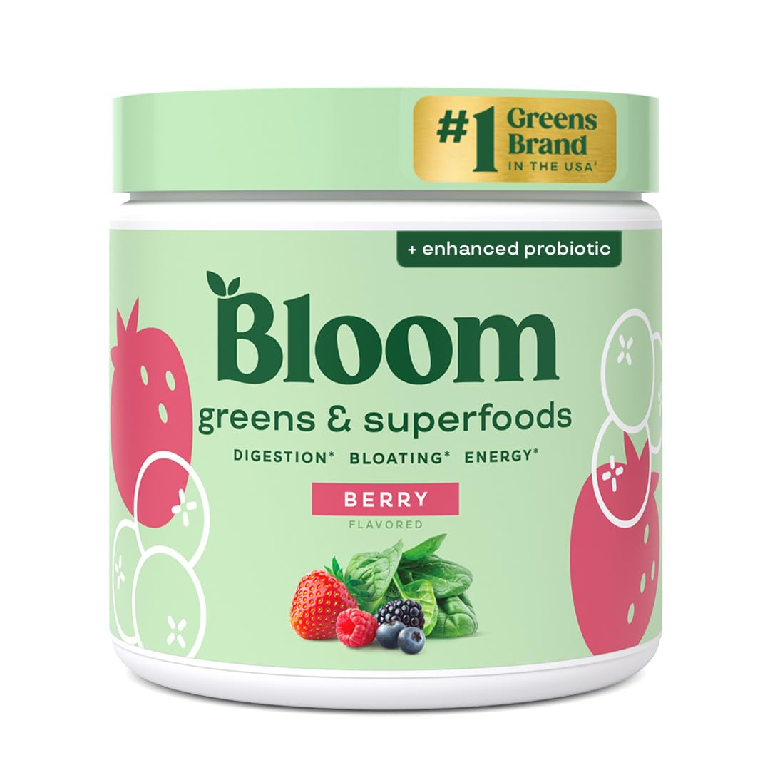 Bloom Nutrition envase frontal mostrando 30 porciones y sabor berry, práctico para consumo diario