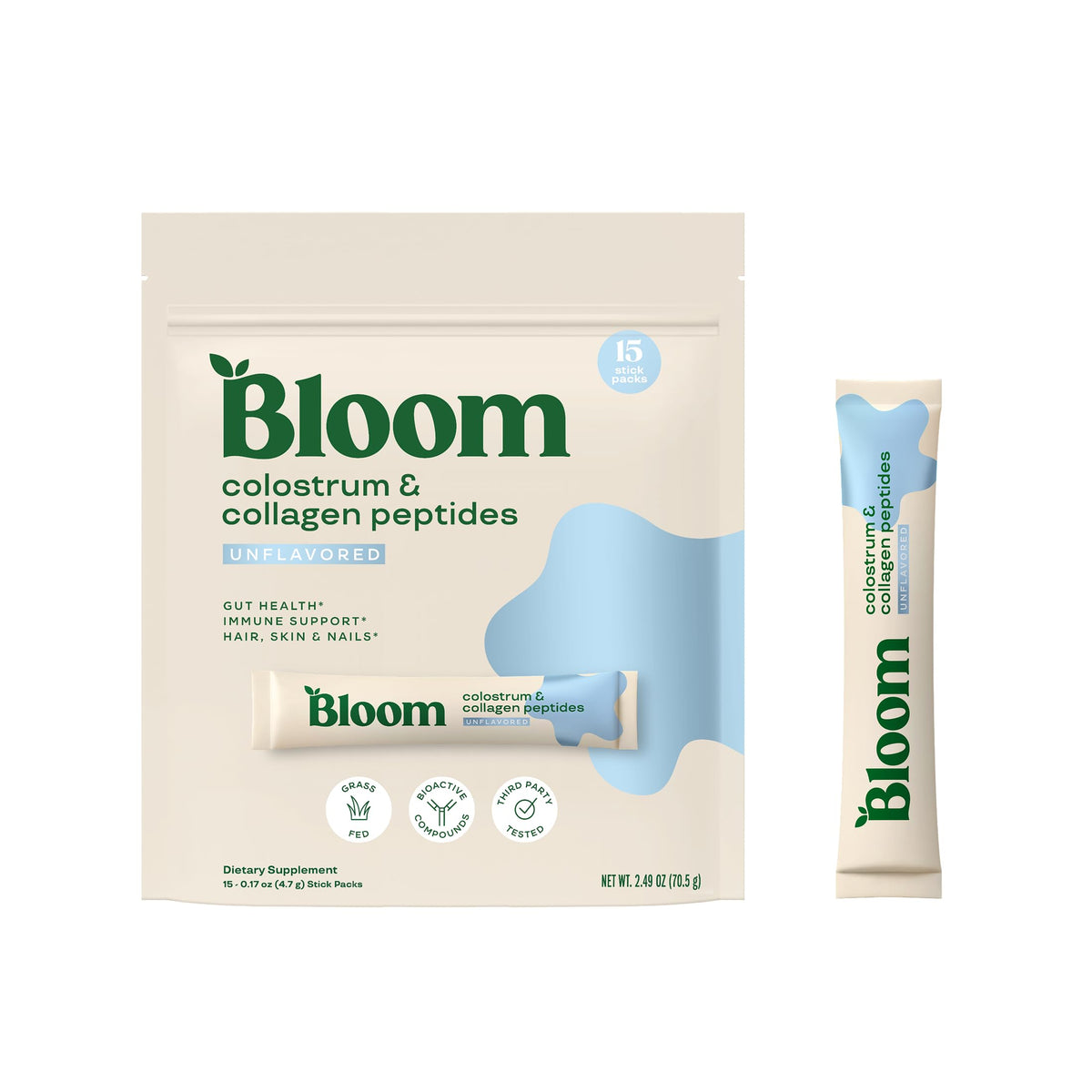 Bloom Nutrition empaque frontal mostrando sobres y beneficios visibles