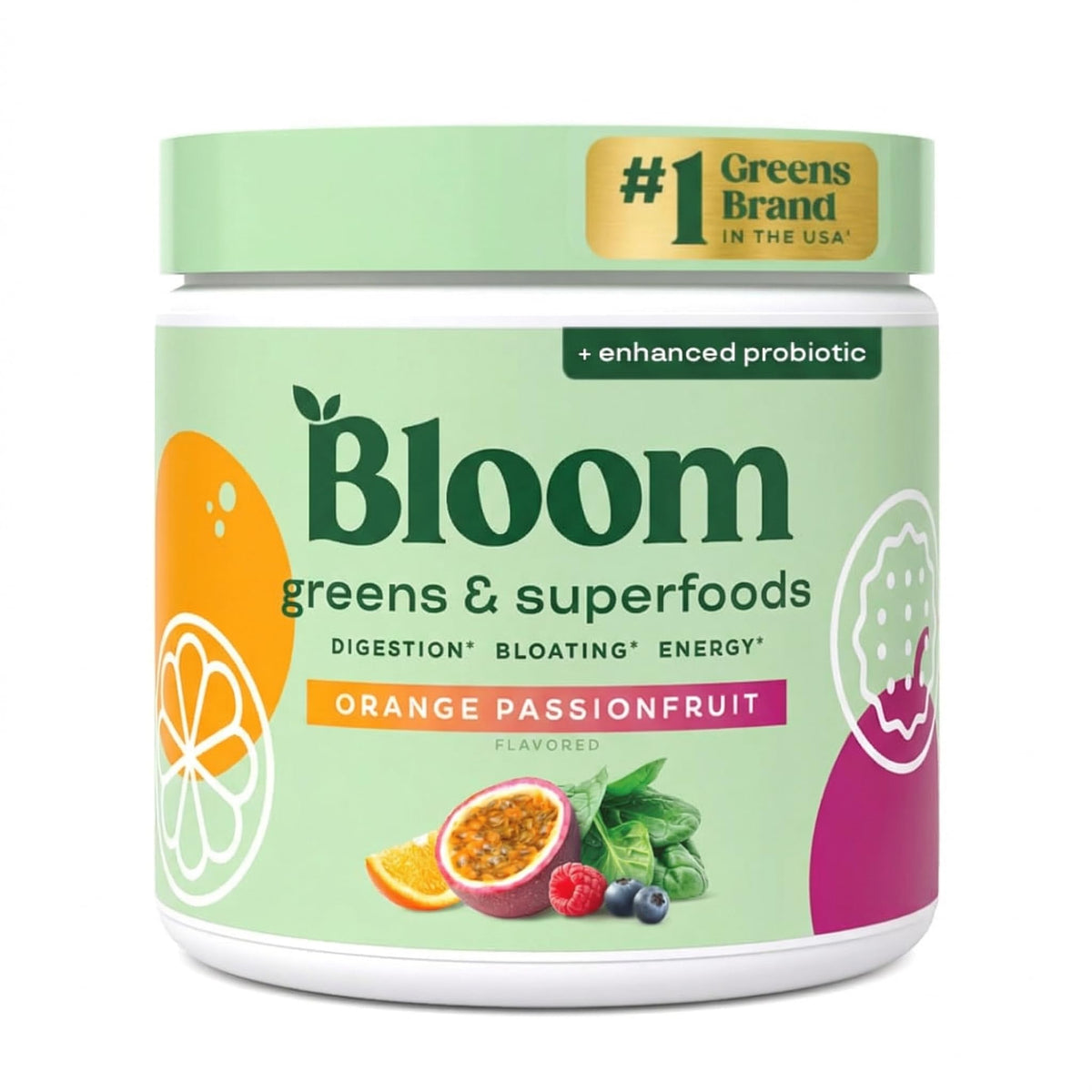 Bloom Nutrition envase frontal mostrando etiqueta y sabor passionfruit, beneficios visibles