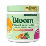 Bloom Nutrition envase frontal mostrando etiqueta y sabor passionfruit, beneficios visibles