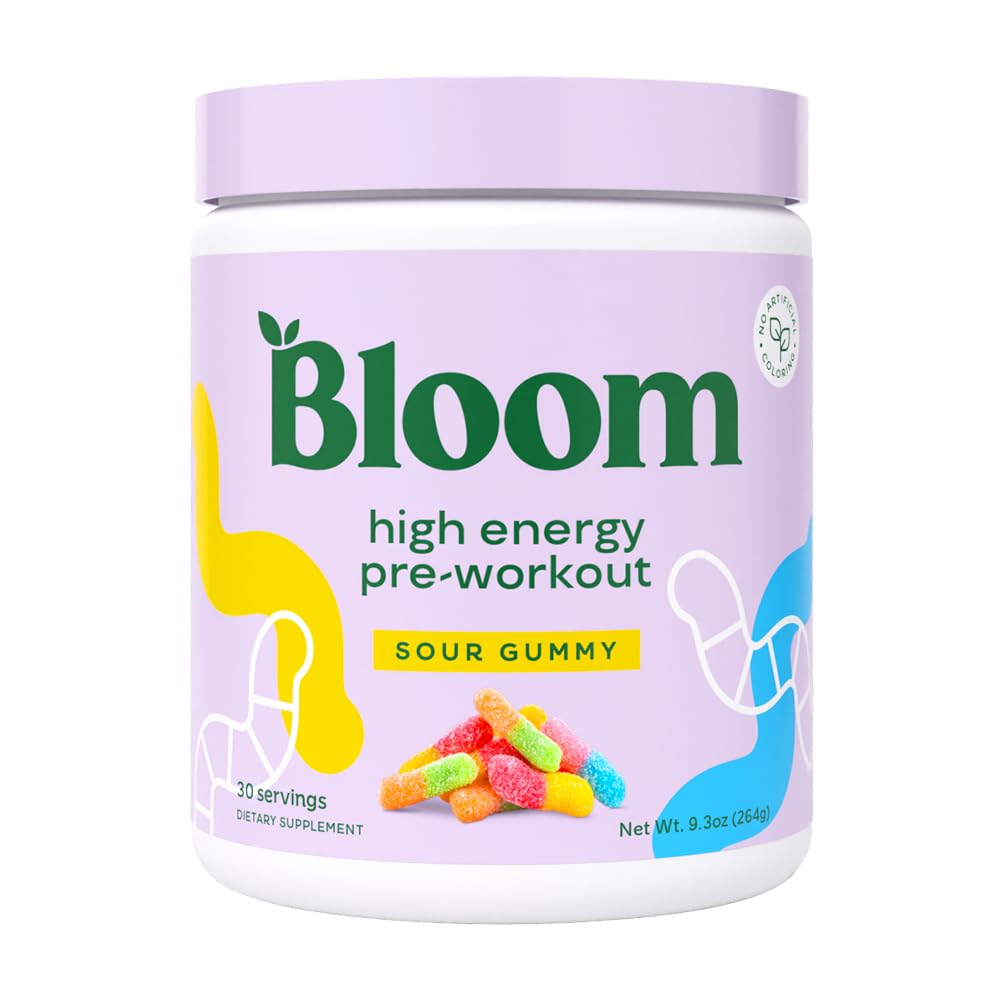 Bloom Nutrition envase frontal mostrando etiqueta y sabor Sour Gummy, claridad de ingredientes